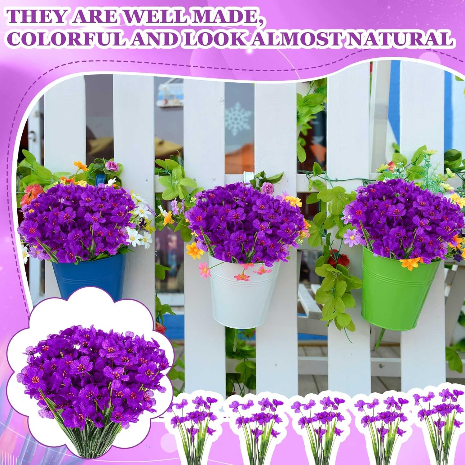 Lyrow 100 Bundles Violet Artificial Flowers, UV Resistant Faux Flowers Outdoor, Faux Silk Flowers, Fake Violet Flowers Bulk for Front Porch Hanging Garden Courtyard Farmhouse Home(Purple)