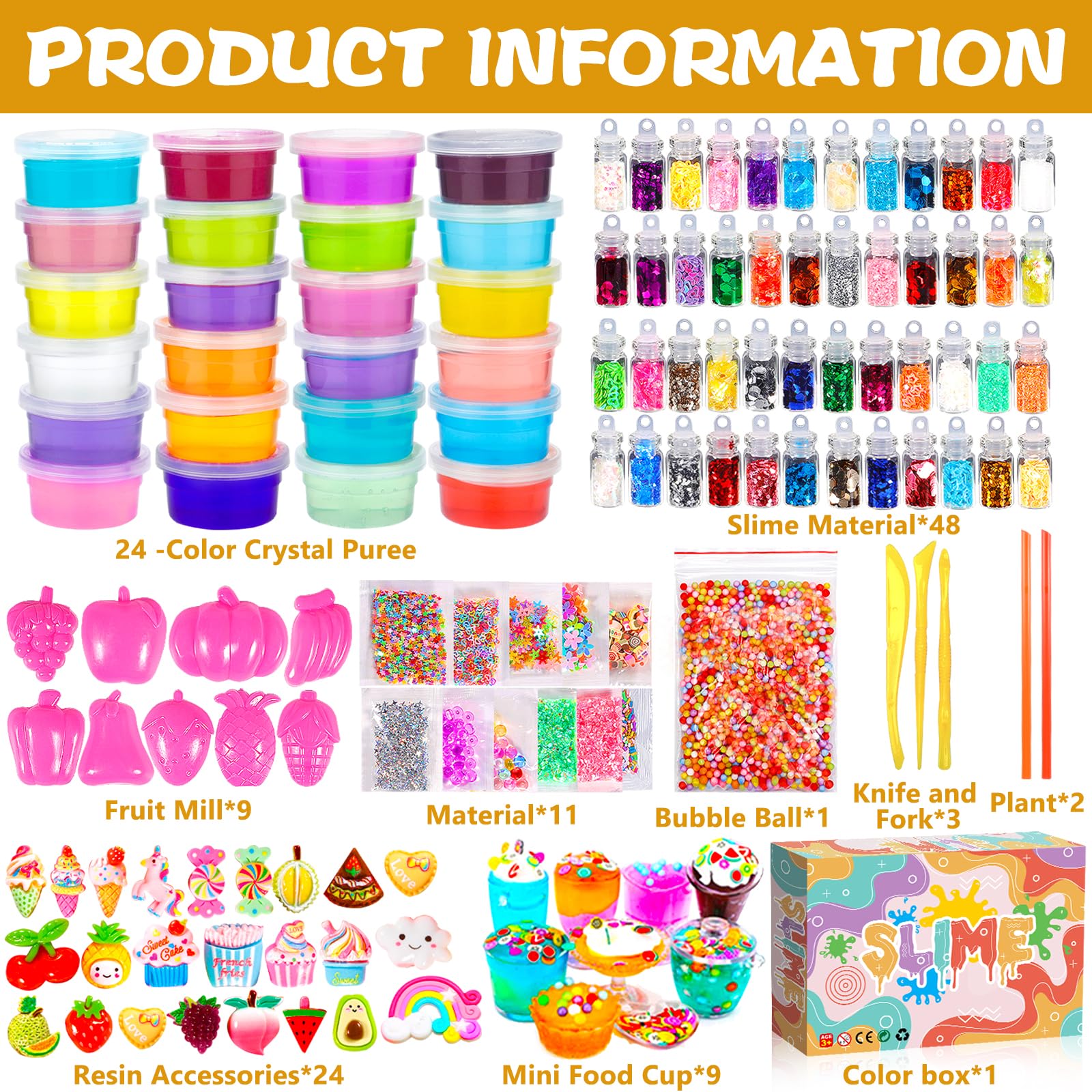 Purpledi Zestaw DIY Slime Kit do samodzielnego wykonania, 24 kolory kryształów, brokatowy szlam, proszek brokatowy Slime Charms i wiele więcej, do rzemiosła artystycznego, prezent dla dzieci (B