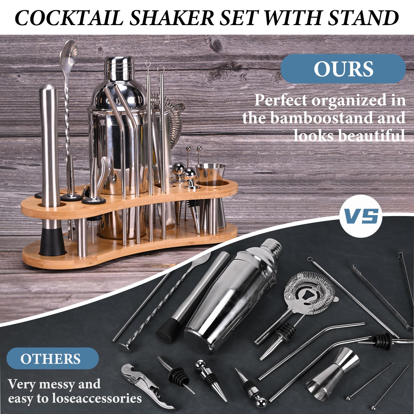 Set di shaker per cocktail, 19 pezzi, kit da barista, argento, set di strumenti da bar con shaker per cocktail, cucchiaio miscelatore, misurino, colino, pestello, cavatappi, pinze