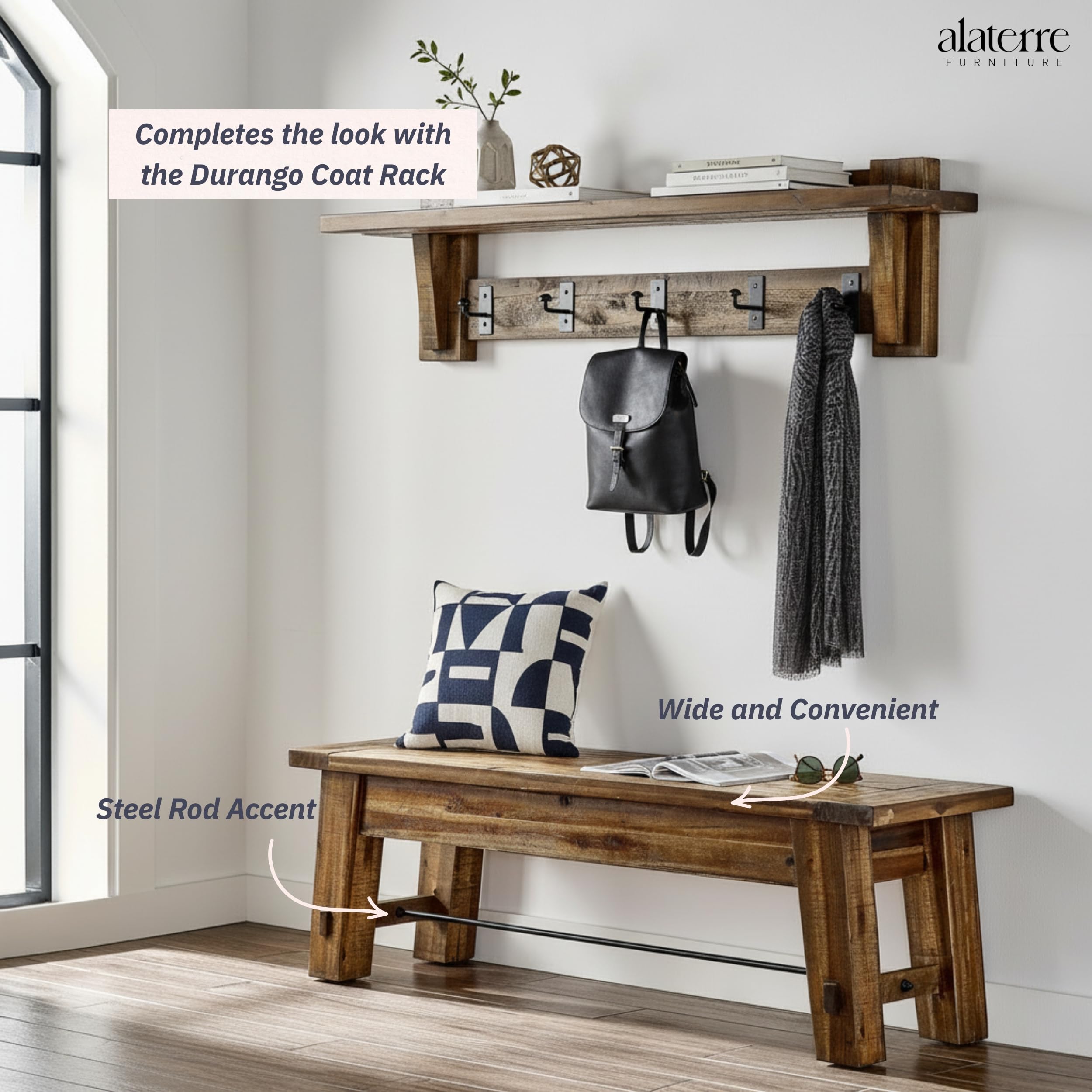 Durango Rustic Farmhouse Style 60-Inch Wood Bench - Industrial Modern Accent Furniture with Solid Wood Seat for Entryway, Dining Room, Hallway, Foyer, or Kitchen by Alaterre Furniture | Large Shoe Bench with Metal Rod Accent, Modern Farmhouse Table Bench