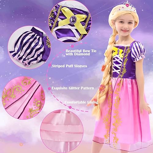 Miniatura 3 de Tacobear Rapunzel - Vestido de princesa para niñas, disfraz de princesa con peluca, corona y alfiler de mariposa, disfraz de Halloween, cumpleaños,