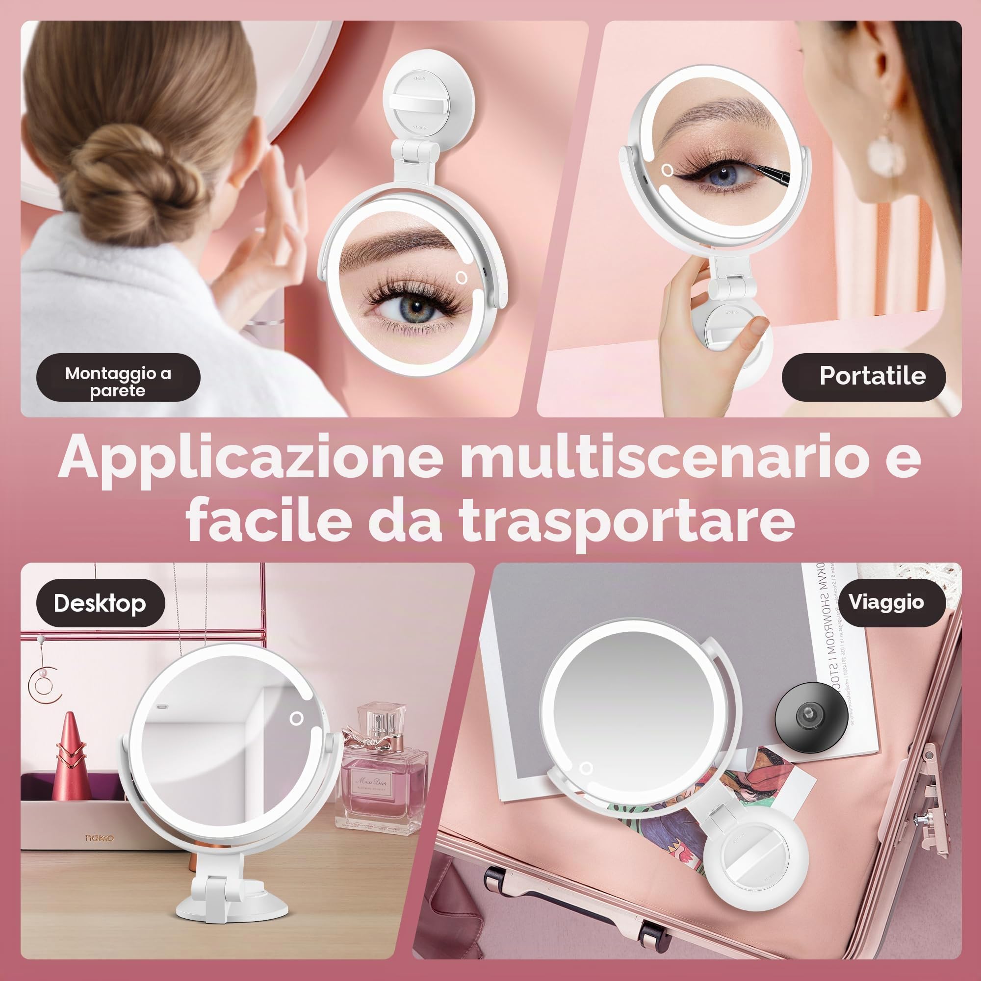 Specchio da trucco con illuminazione e specchio cosmetico con ingrandimento 30x, specchio ingranditore con ventosa con luce grande, specchio da parete