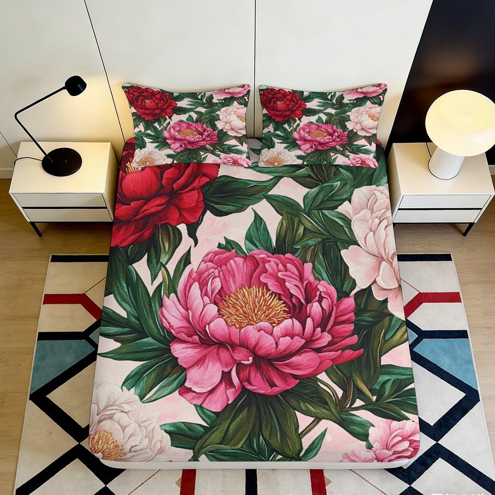 3D Printed Peony Blossom Fitted Sheet Microfiber Pink Floral Bed Cover Anti-Slip Machine Washable Bedroom Decor 90x200x25cm