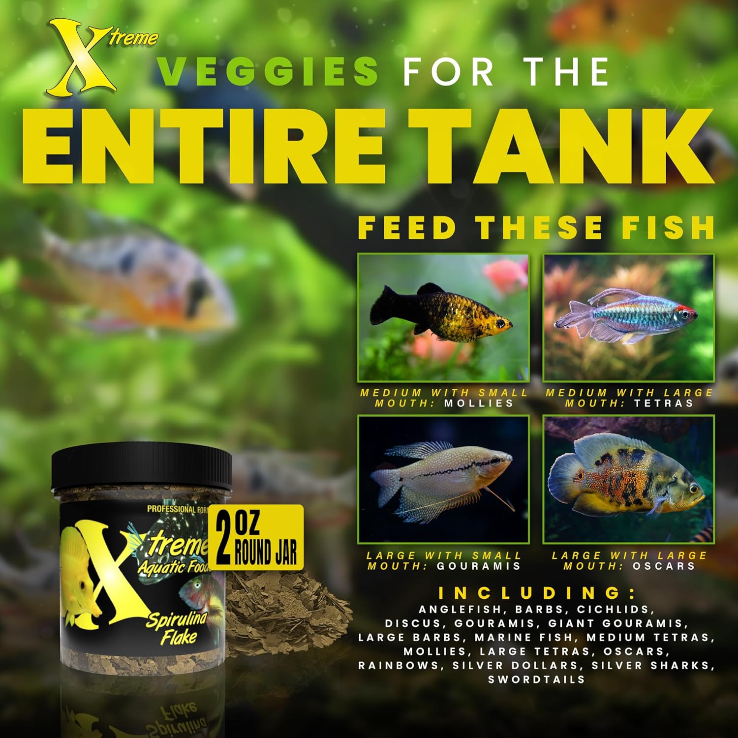 Xtreme Spirulina Flakes - Balanced Herbivorous Diet for Tropical and Marine Fish, Enhanced Health, Vibrant Colors - USA Farm Grown - Ideal for Cichlids, Barbs, Tetras and Guppies (2oz)