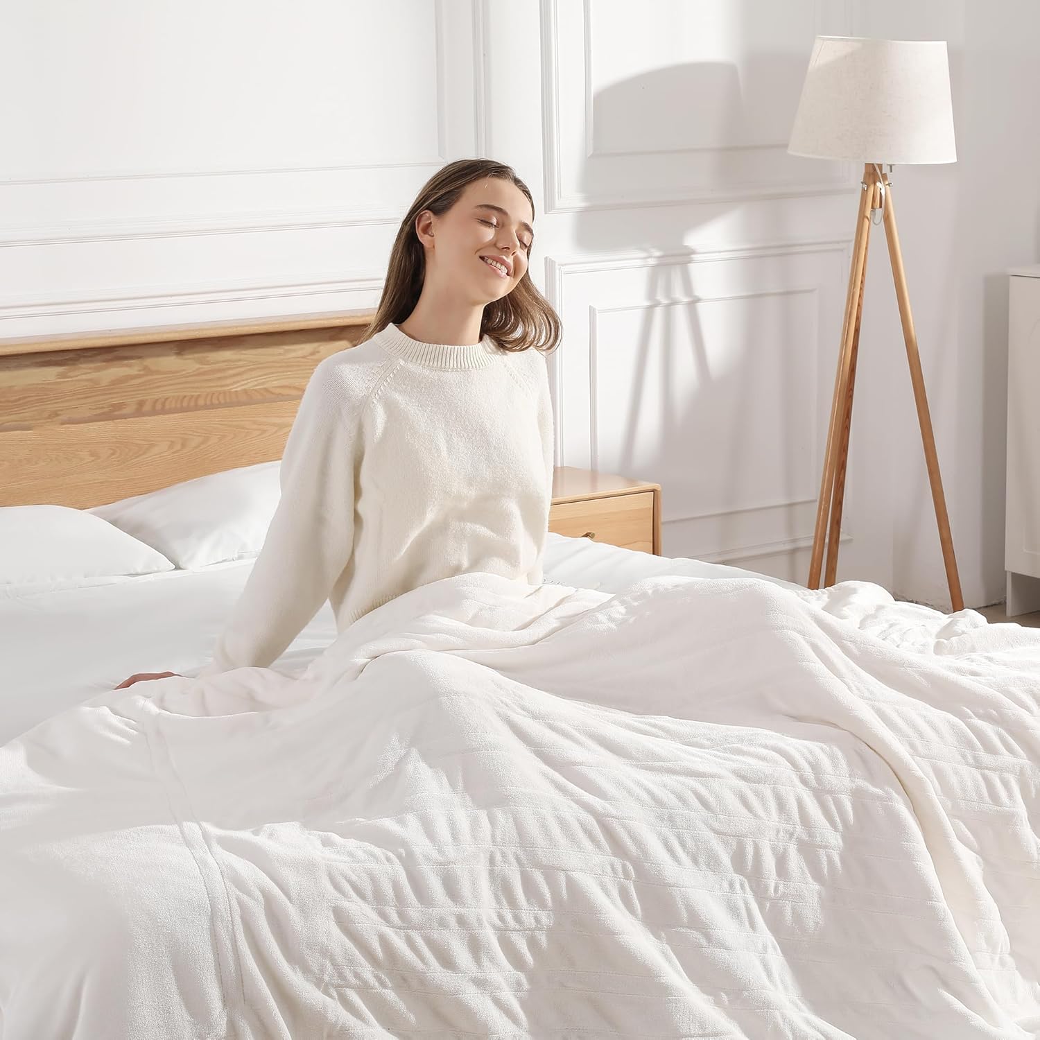 Queen Electric Blanket 84''X90'' Dual Control Heated Blanket - Soft Silky Plush Heating Blanket with 5 Heating Level & 10 Hour Auto Off, ETL Certified & Machine Washable for Grandma Gifts(Cream)