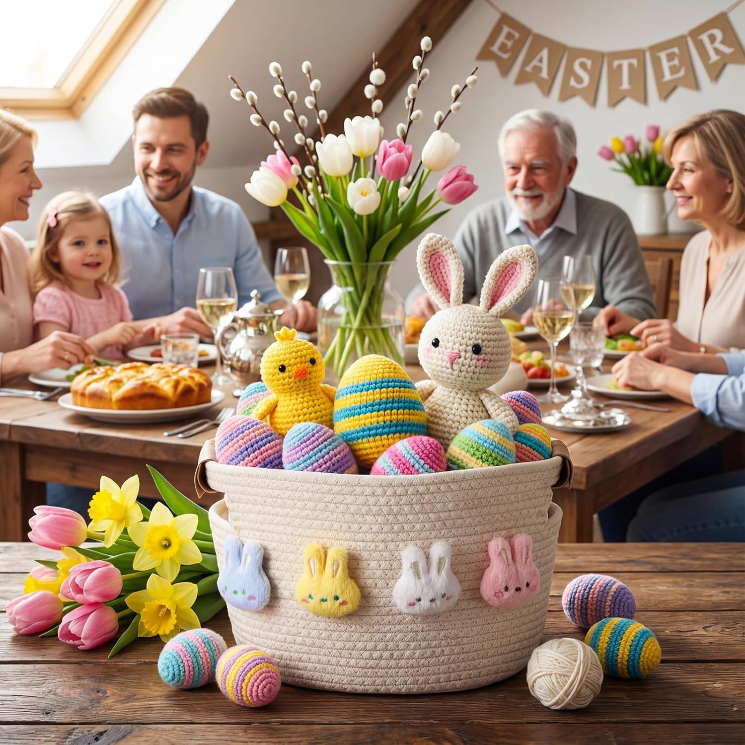 Woven Easter Basket Empty Set Bunny Woven Rope Storage Basket with Handle 13 x 8.7 x 7.9'' Empty Storage Egg Easter Hunting Hunt Bucket Stuffed for Party Supplies Treats Filling with Favors