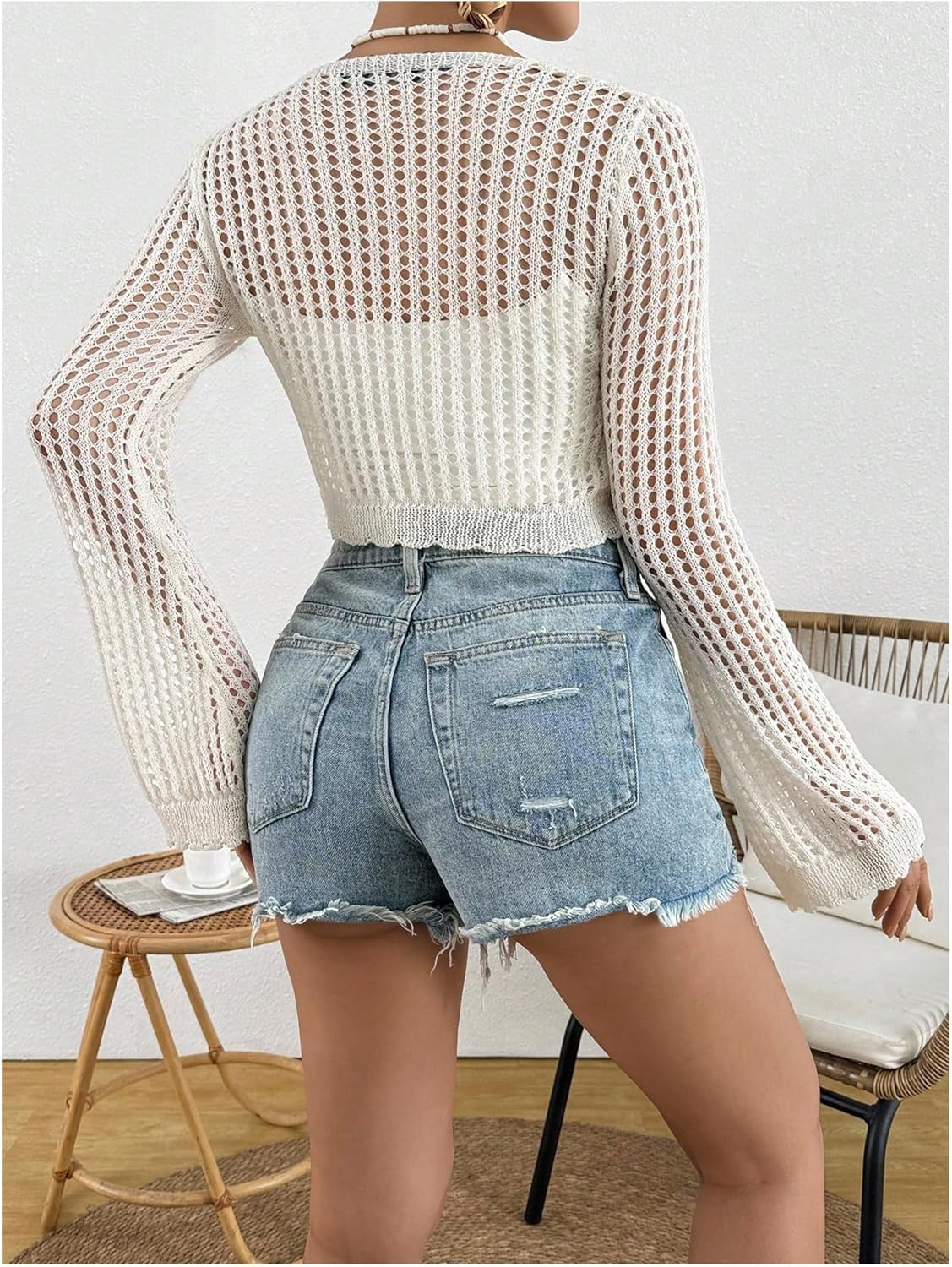 OYOANGLE Women's Crochet Tie Front Crop Cardigan Hollow Out Shrug Long Sleeve Knit Top - Image 2