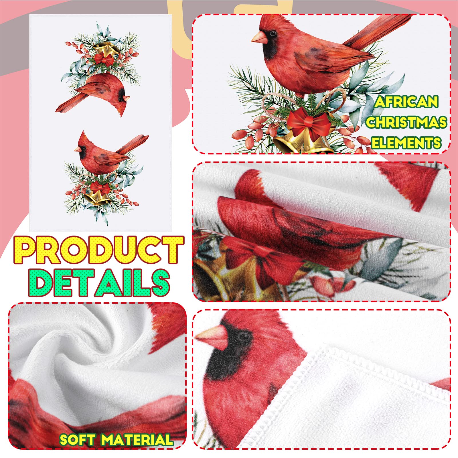 Panelee 6-Piece Christmas Kitchen Towel Set - Cardinal & Holiday Prints, 12x18 Inch, Absorbent Microfiber