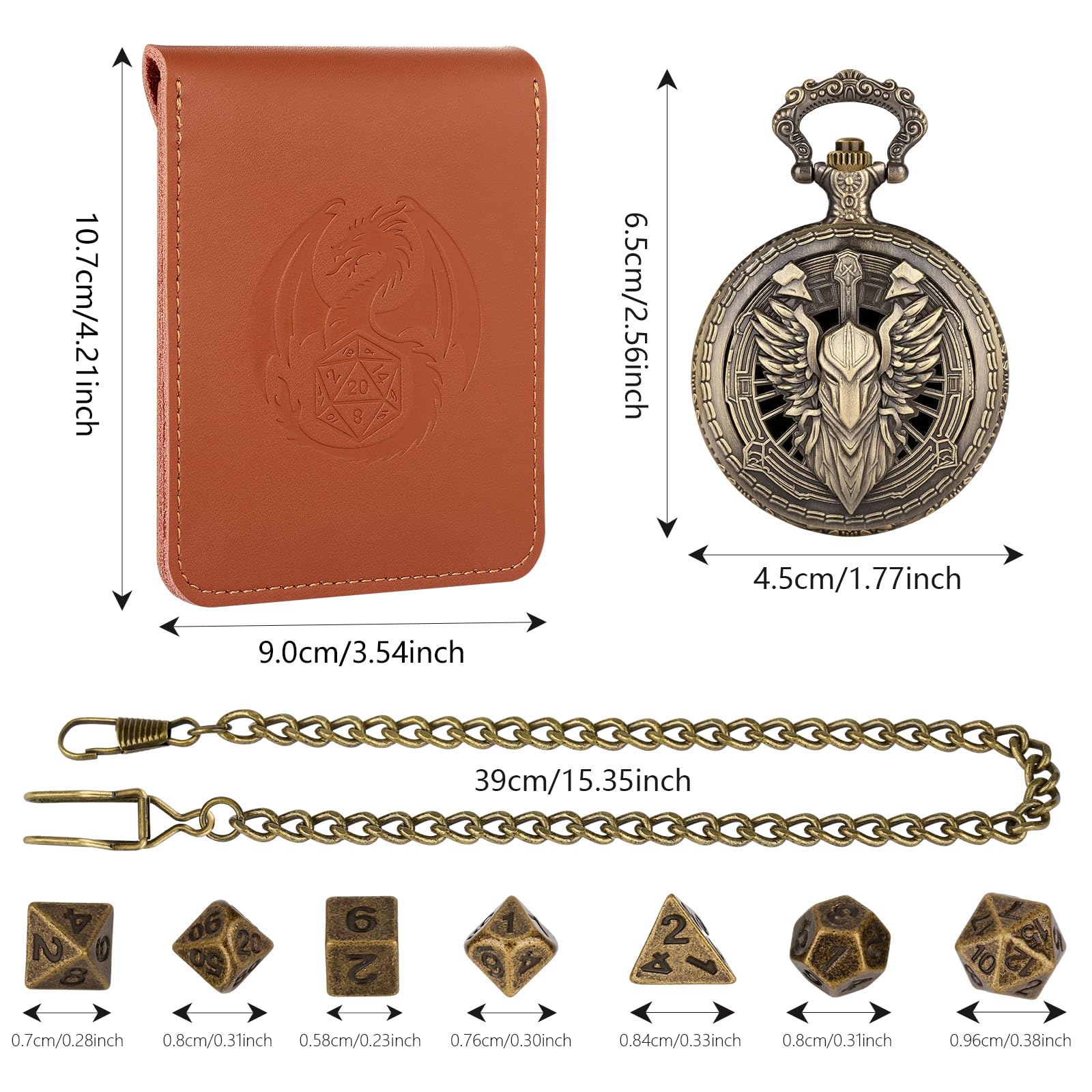 Mini Dice Set including Bronze Hollow Paladin Knight Warrior Pocket Watch Shell Case, D&D Gifts with Dice Bag - Image 3