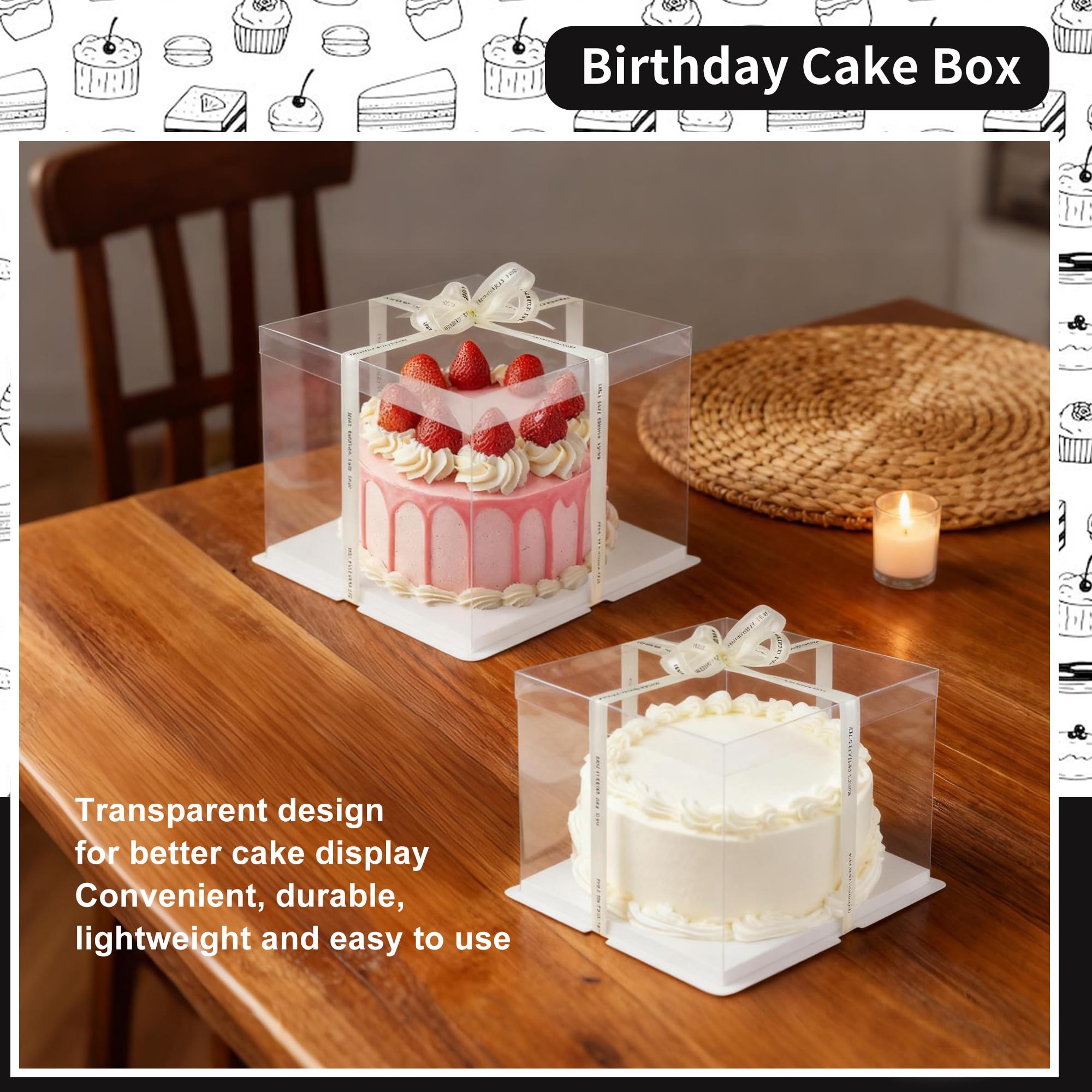JIYANA 2 scatole per torta trasparenti 30 x 30 x 25 cm con 2 nastri, Scatole Trasparenti Per Bomboniere per torte da 10 pollici, adatte per compleanni, matrimoni, feste, confezioni regalo