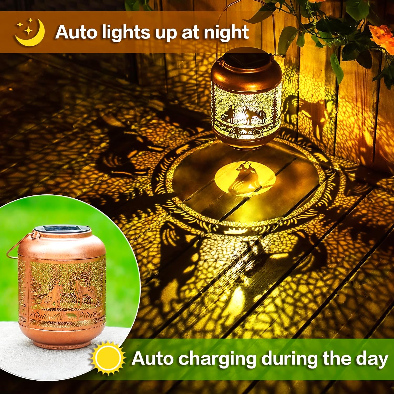 Wolf Solar Lanterns Outdoor Waterproof Hanging Solar Lights Wolf Gifts for Women Men Mom Metal Decorative LED Outdoor Lanterns for Patio, Lawn, Landscape, Garden Decor, Yard Decorations