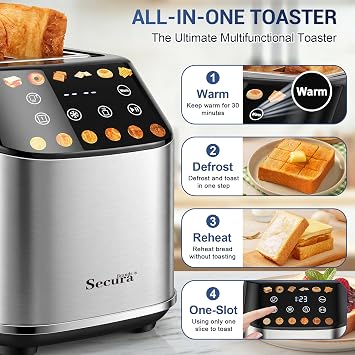 Secura Brands Motorized 2 Slice Toaster with Touch Screen, 30-Min Keep Warm & Countdown Timer Toaster, 6 Bread Types for Even Heating, Cool-Touch Stainless Steel, Bagel Defrost Reheat