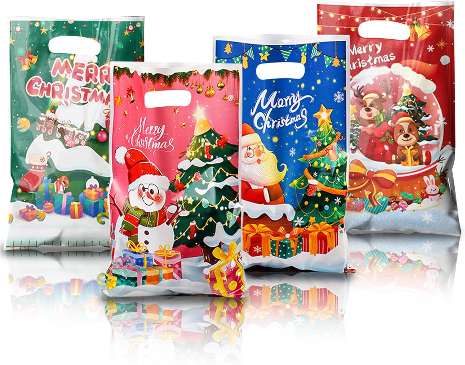 Ysqool 50 Pieces Christmas Gift Bags, Christmas Goodie Bags with Handles, Plastic Party Favor Bags for Kids, Small Candy Goody Snack Bags Bulk for Xmas Winter Holiday Party Decorations Wrap Supplies