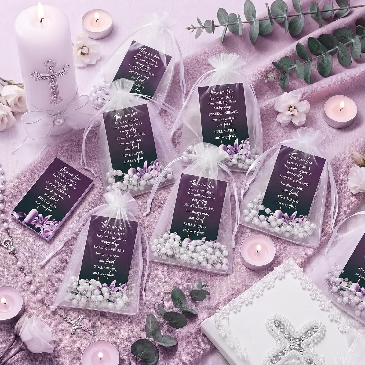 Sureio 25 Sets Funeral Favors for Guests Celebration of Life Favors Rosary Necklace Prayer Cards for Organza Bags Sympathy Thank You Cards for Memorial Supplies