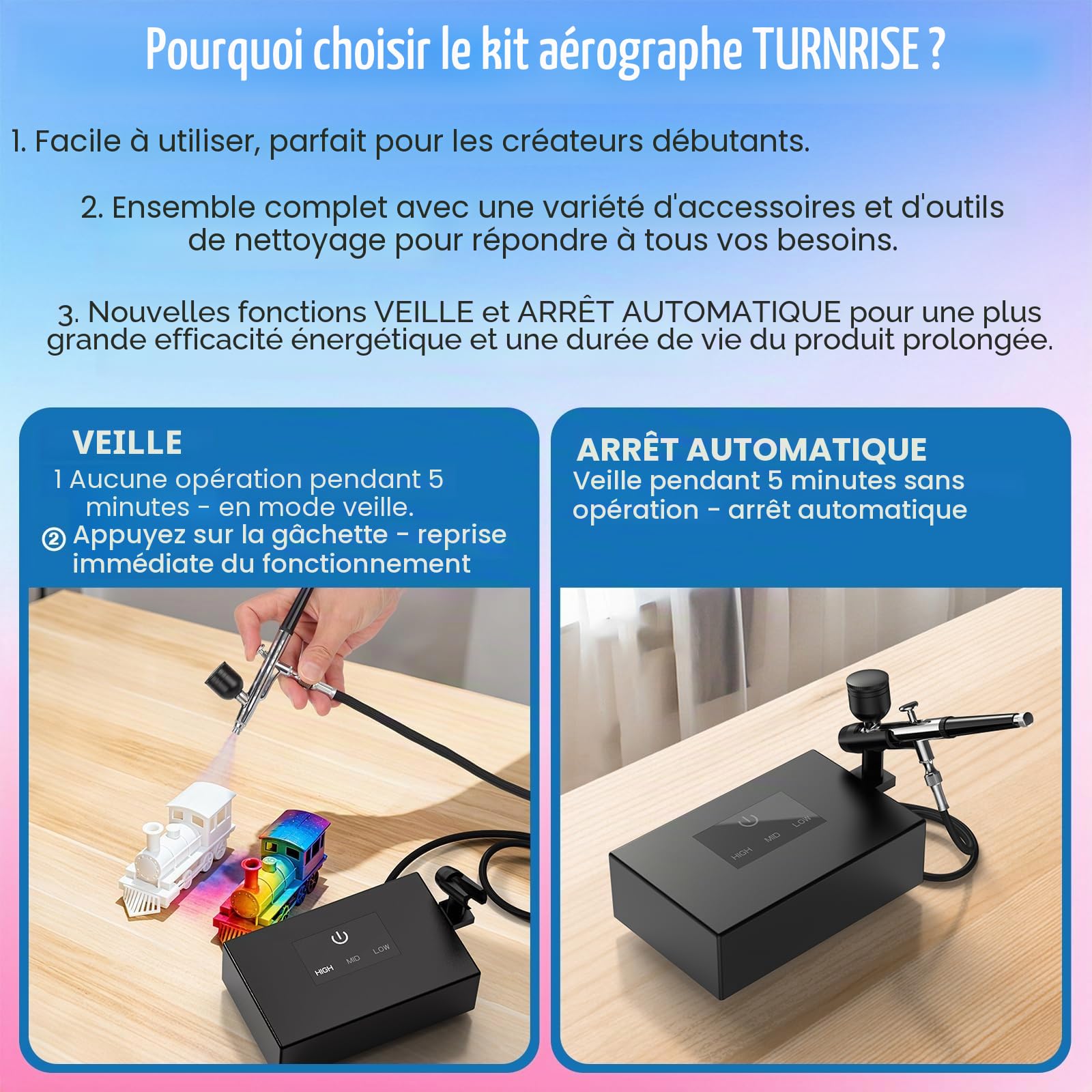 Aerographe Kit Complet Airbrush Set: 50 PSI Double Action Aérographe 3 Modes Aerographe avec Buse de 0,2/0,3/0,5 mm et Kit de Nettoyage pour Ongle Aérographe Modelisme