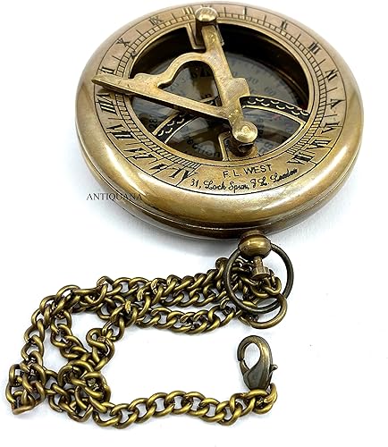 Miniatura 2 de Brújula de latón reloj de sol único grabado brújula con estuche de cuero, brújula de latón antiguo con cadena, un gran artículo de regalo para tus