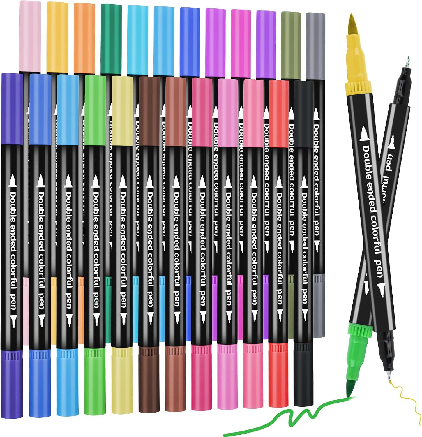 24 Colored Dual Tip Markers Fine & Brush Pens - No Bleeding, Coloring Markers for Adult, Sketching, Drawing, Journaling Art Marker Set