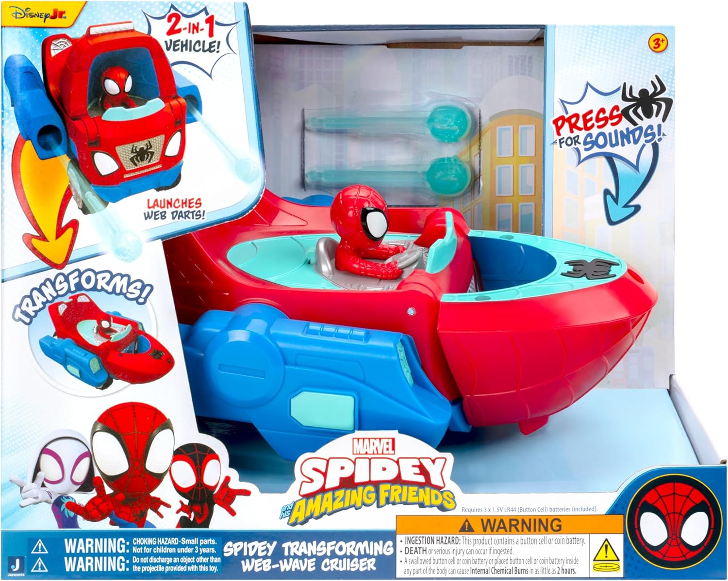 MARVEL Spidey and His Amazing Friends Spidey Transforming Web-Wave Cruiser - 9-Inch 2-In-1 Vehicle with Free Wheels and Web Dart Launchers