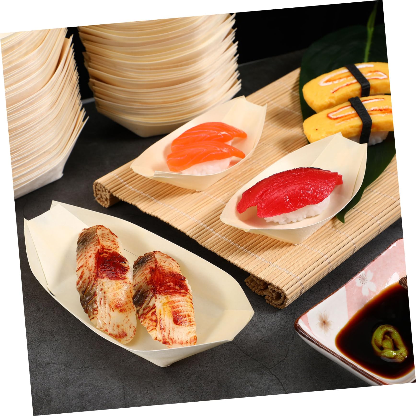 Healifty 100Pcs Wooden Sushi Plates Natural Disposable Serving Trays for Snacks Sashimi and Desserts for Parties Restaurants and Casual Gatherings
