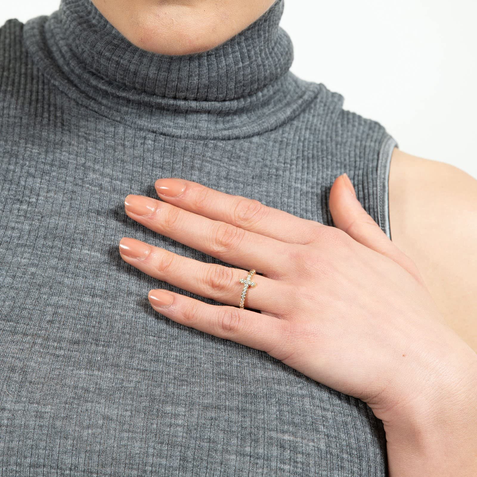 Ring Kreuz Rosenkranz Damen aus 925er Silber 18 Karat vergoldet mit Zirkonia -