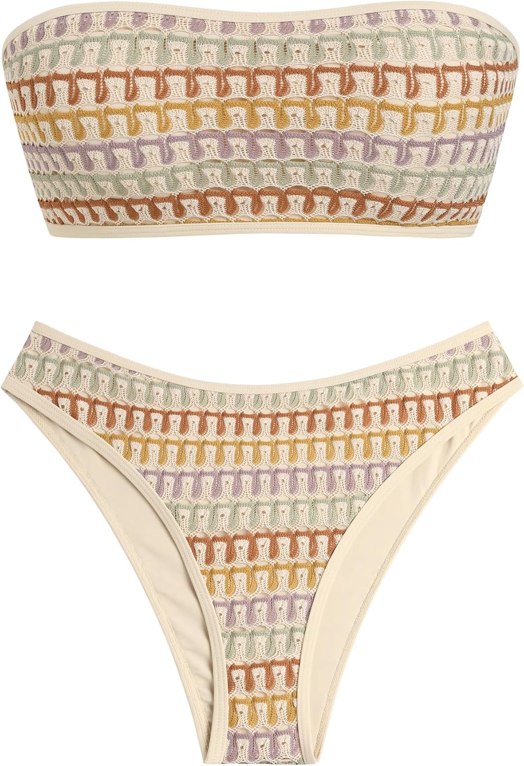 ZAFUL Women Strapless Textured Bandeau Bikini 2 Piece Swimwear Cheeky Solid Lace up Bathing Suits