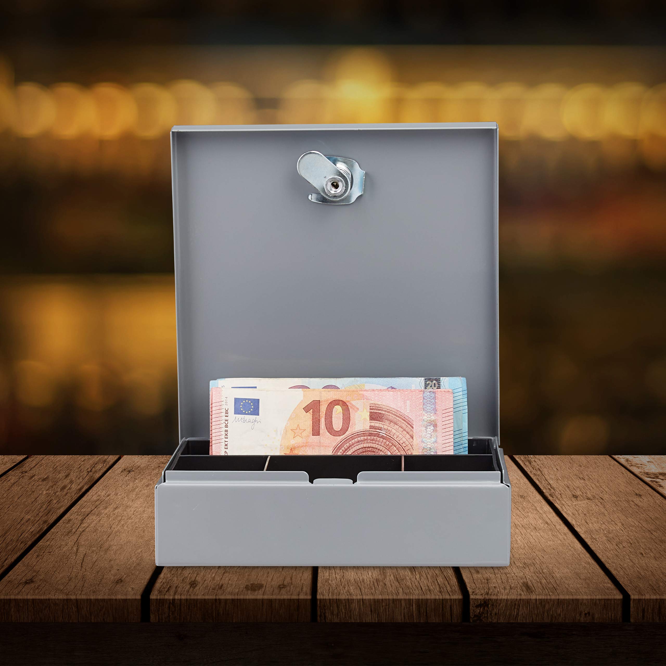 Relaxdays Cassetta di Sicurezza, Richiudibile, con Scomparto Monete, Cassaforte Mobile con 2 Chiavi,LxP 17x17 cm, Grigia