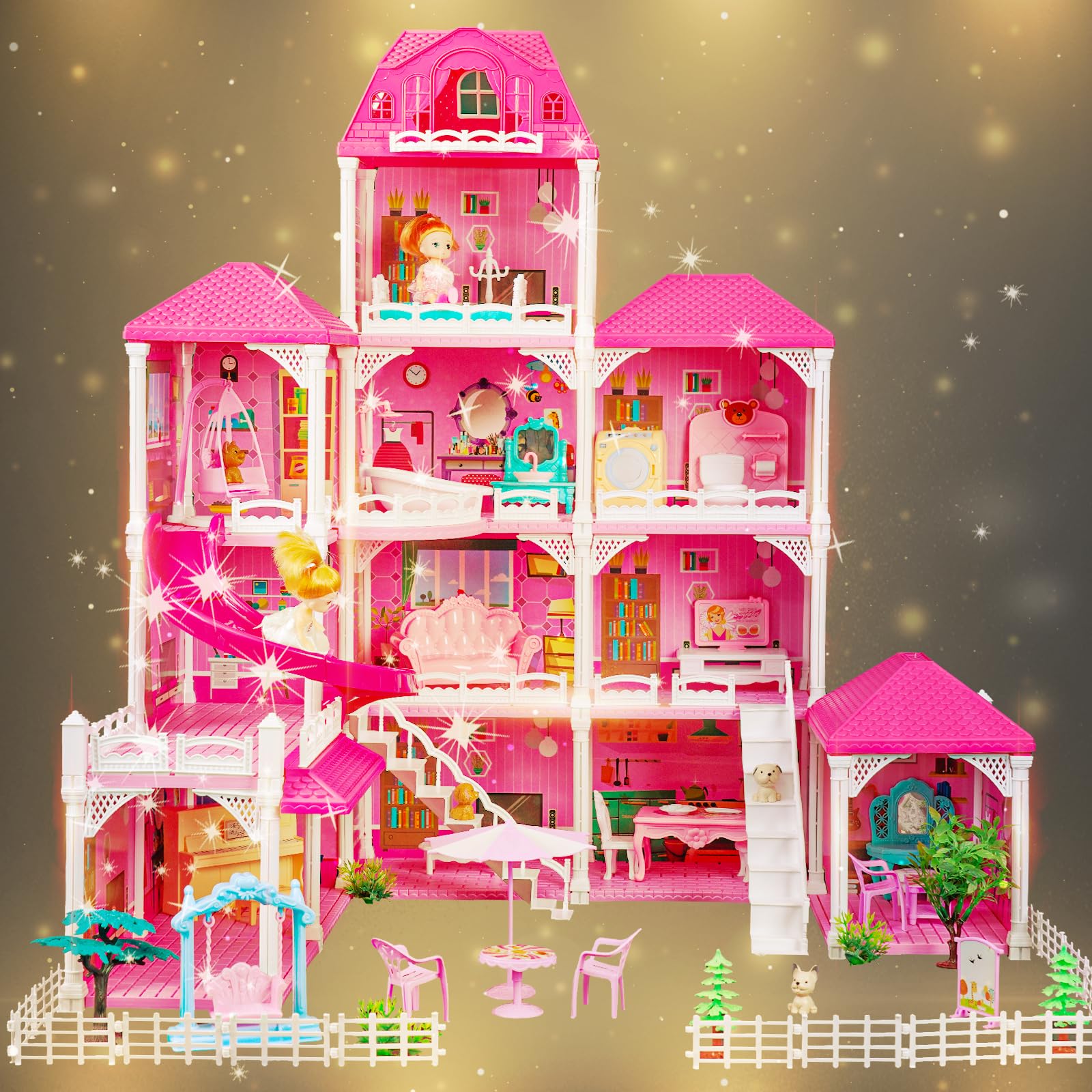 Ymrzed Doll House - Dream House Furniture Pink Girl Toys 4 Story 12 Rooms with 2 Dolls Toy Figures Kids Dollhouse Giant Doll House for Girls Gift Toy for Kids Ages 3 4 5 6 7 8 9+