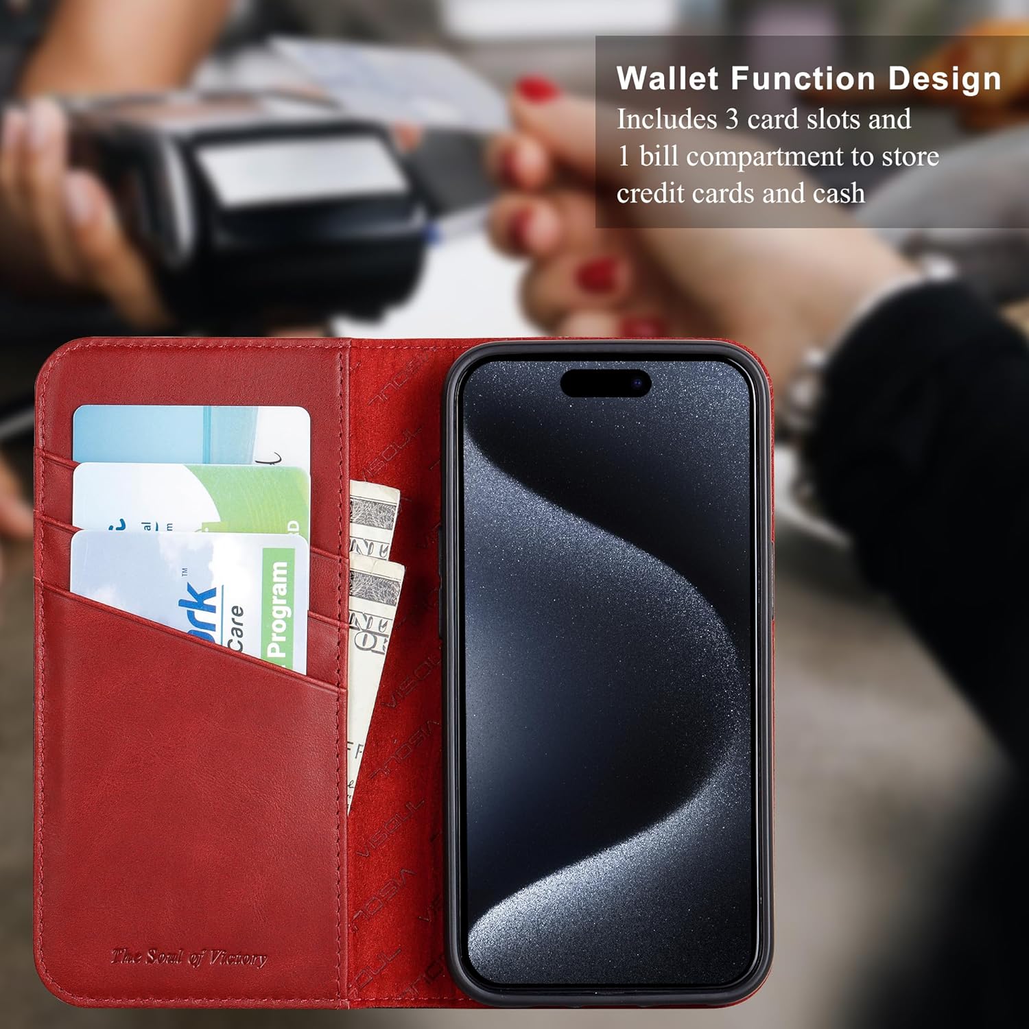 VISOUL Case for iPhone 16 Pro Wallet Case, Carbon Fiber Leather Phone Case with Card Holder Kickstand Flip Folio Case Compatible with iPhone 16 Pro (6.3-inch)-Black+Red