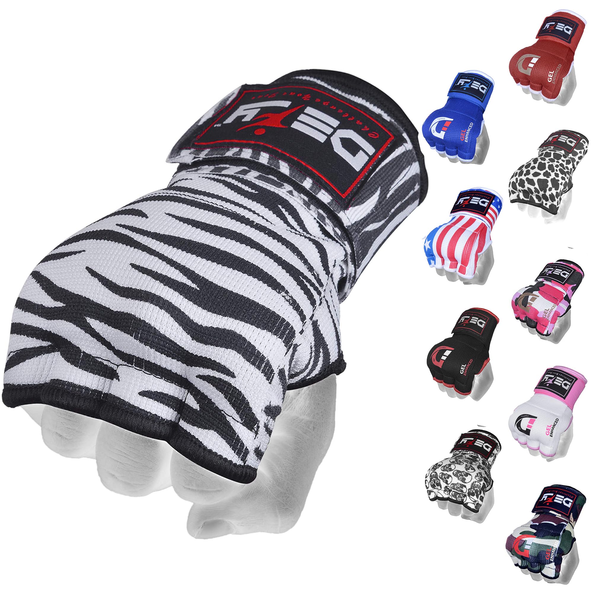 DEFY Padded Inner Gloves Quick 75cm Long Strap – Inner Boxing Gloves Gel Padded Knuckle Protection – Elasticated Boxing Hand Wraps for MMA Muay Thai Kickboxing Martial Arts Pair (Zebra, Large)