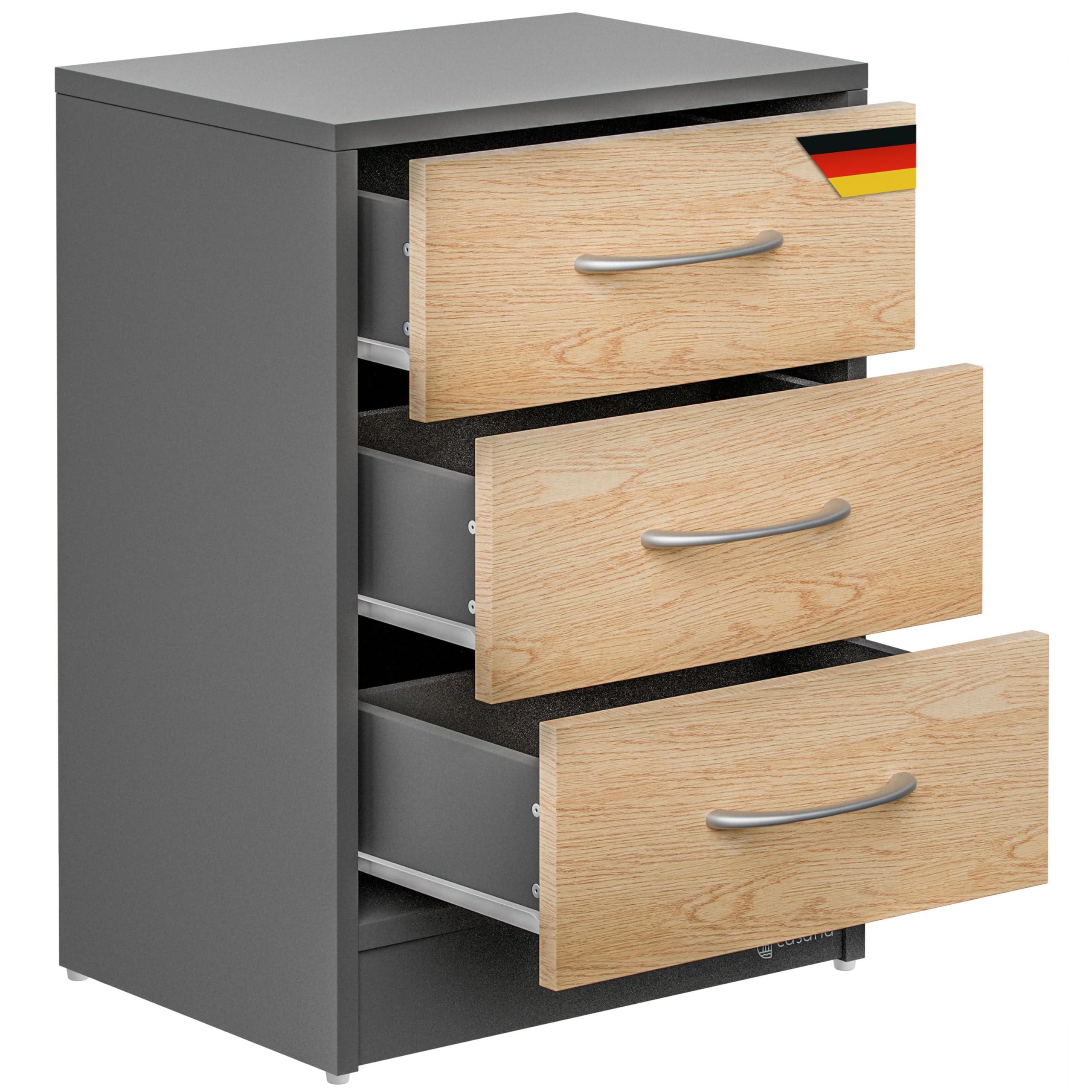 CASARIA Nachttisch mit 3 Schubladen Holz Grau