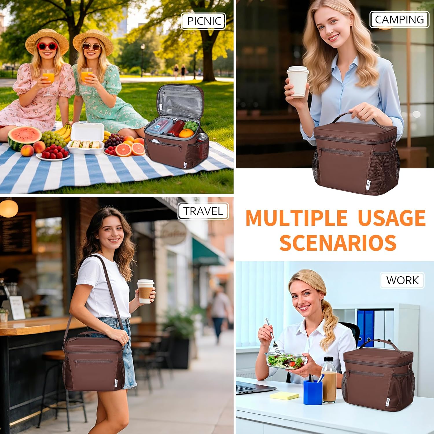 NOL Insulated Lunch Bag for Women Men Adults, Reusable Lunch Tote with Adjustable Shoulder Strap, Leakproof Thermal Food Cooler Bag with Front Pocket and Side Mesh Pockets for Work Travel, Coffee