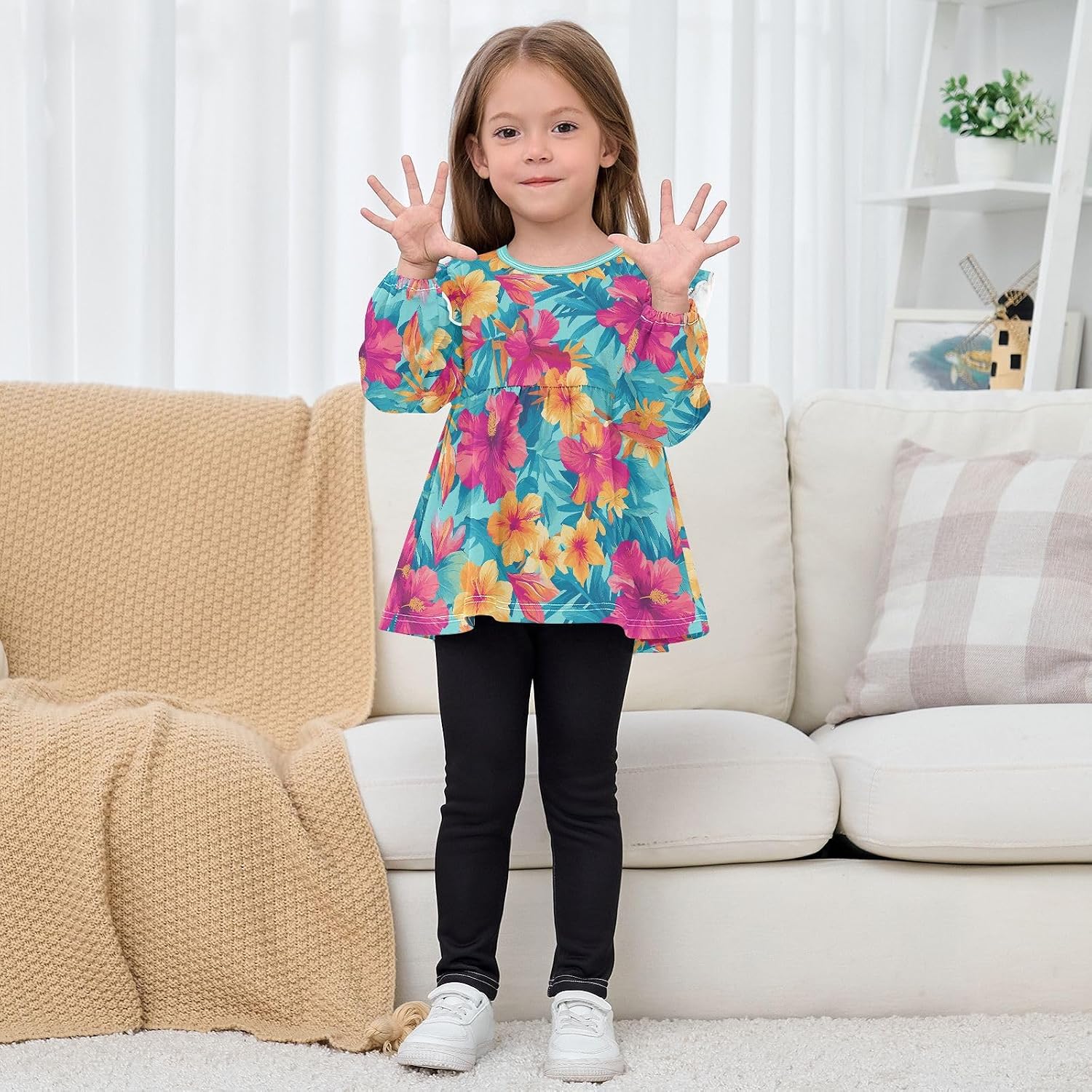 visesunny Toddler Clothes for Girls Tropical Flower Bouquet Long Sleeve Fall Shirts Cotton Top with Ruffle Collar