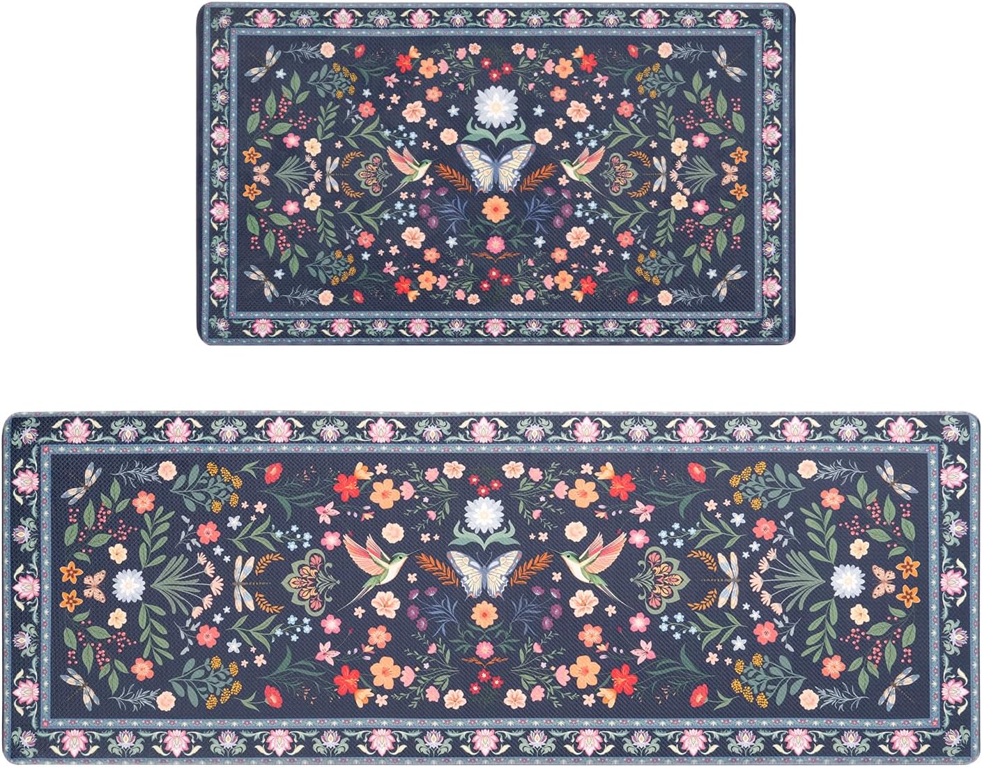 MOSISO Kitchen Mats for Floor, 2 Piece Anti Fatigue Kitchen Rugs Set, Hummingbird Plants&Flowers Cushioned Memory Foam Washable Non Slip Standing Floor Mat for Laundry, 18x30+47x18 inch, Navy Blue