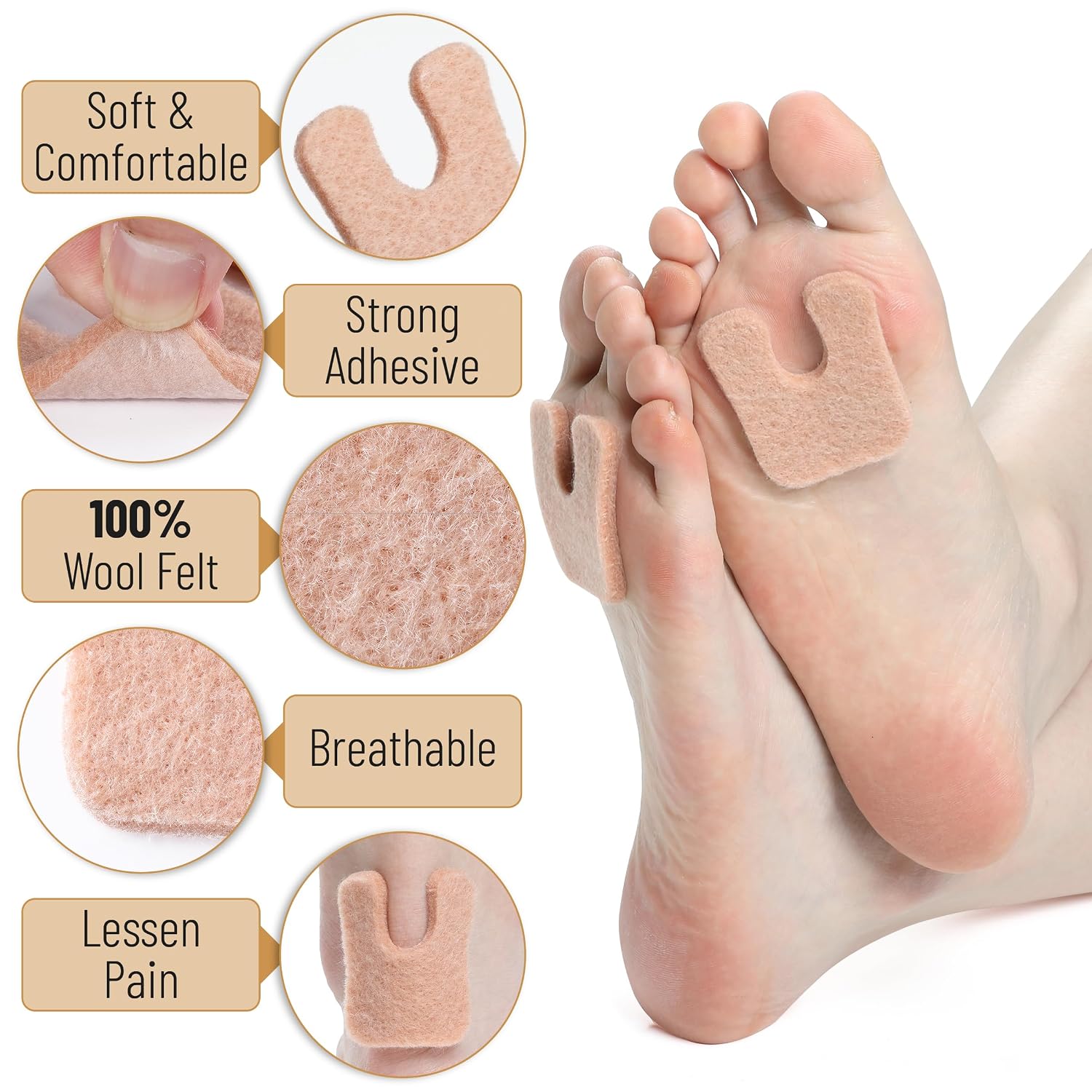 Dr. JK- Felt Callus Cushions for Feet, 60 pcs, 1/5" Thick, Beige, U-Shaped Callus Pads for Bottom of Foot, Adhesive Corn Pads for Feet