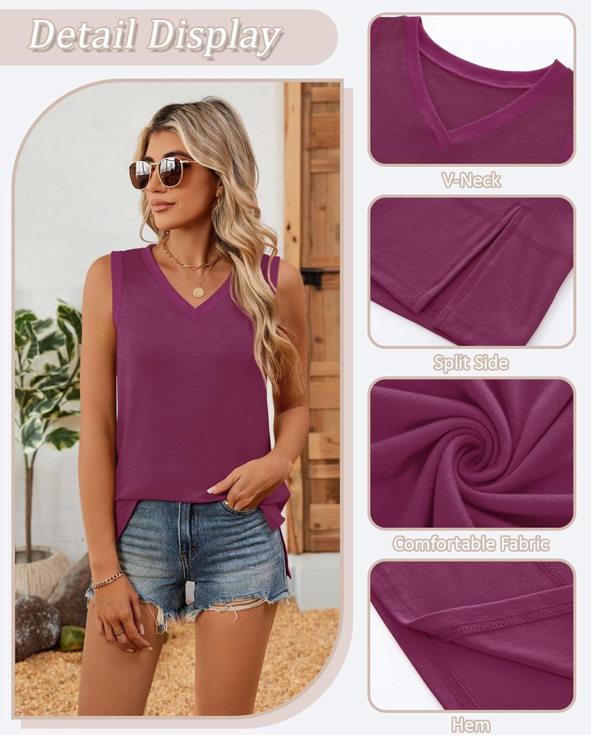 Riyiper 3 Pack Womens Tank Tops Sleeveless V Neck Casual Summer Side Slit Hem Basic Tee Shirt Loose Fit Trendy Outfits - Image 6
