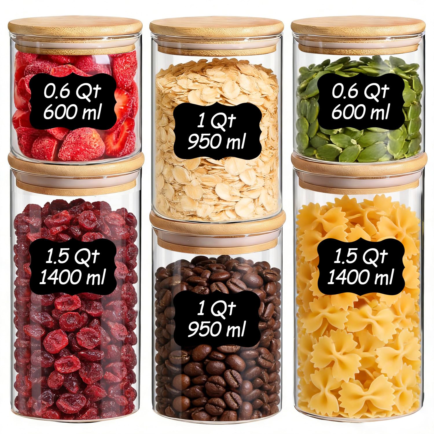 Glass Storage Containers with Lids (0.6qt/1qt/1.5qt) Set of 6,Glass Pantry Storage Containers with Airtight Lid & lables for Dry Food, Snacks, Nuts, Stackable for Kitchen, Pantry Organization