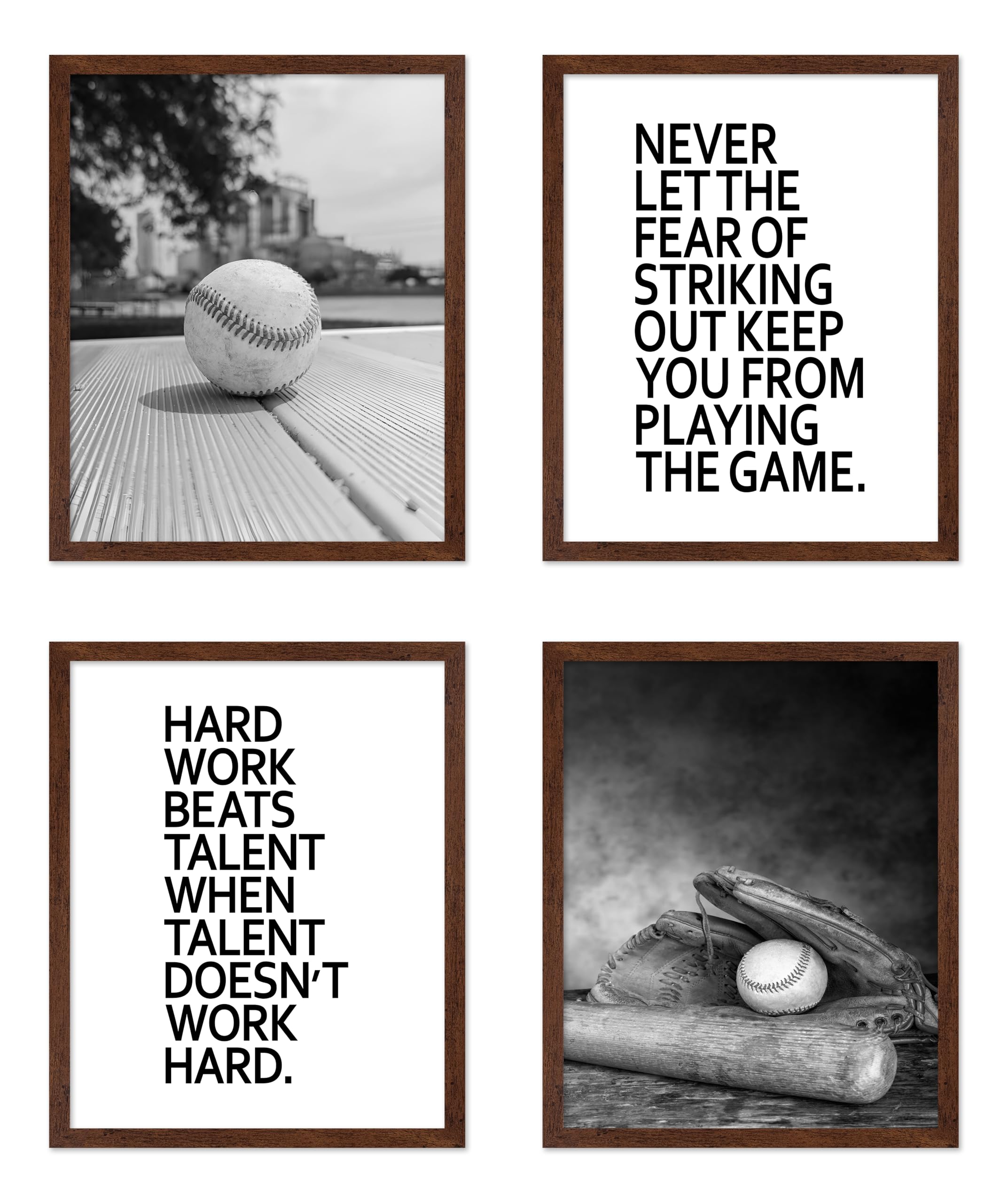Poster Master 4-Piece Sports Poster - Hard Work Beats Talent Print - Baseball Art - Photography Art - Typography Art - Positive Quote Art - Athlete Art - Gym or Office Decor - 8x10 Brown Framed