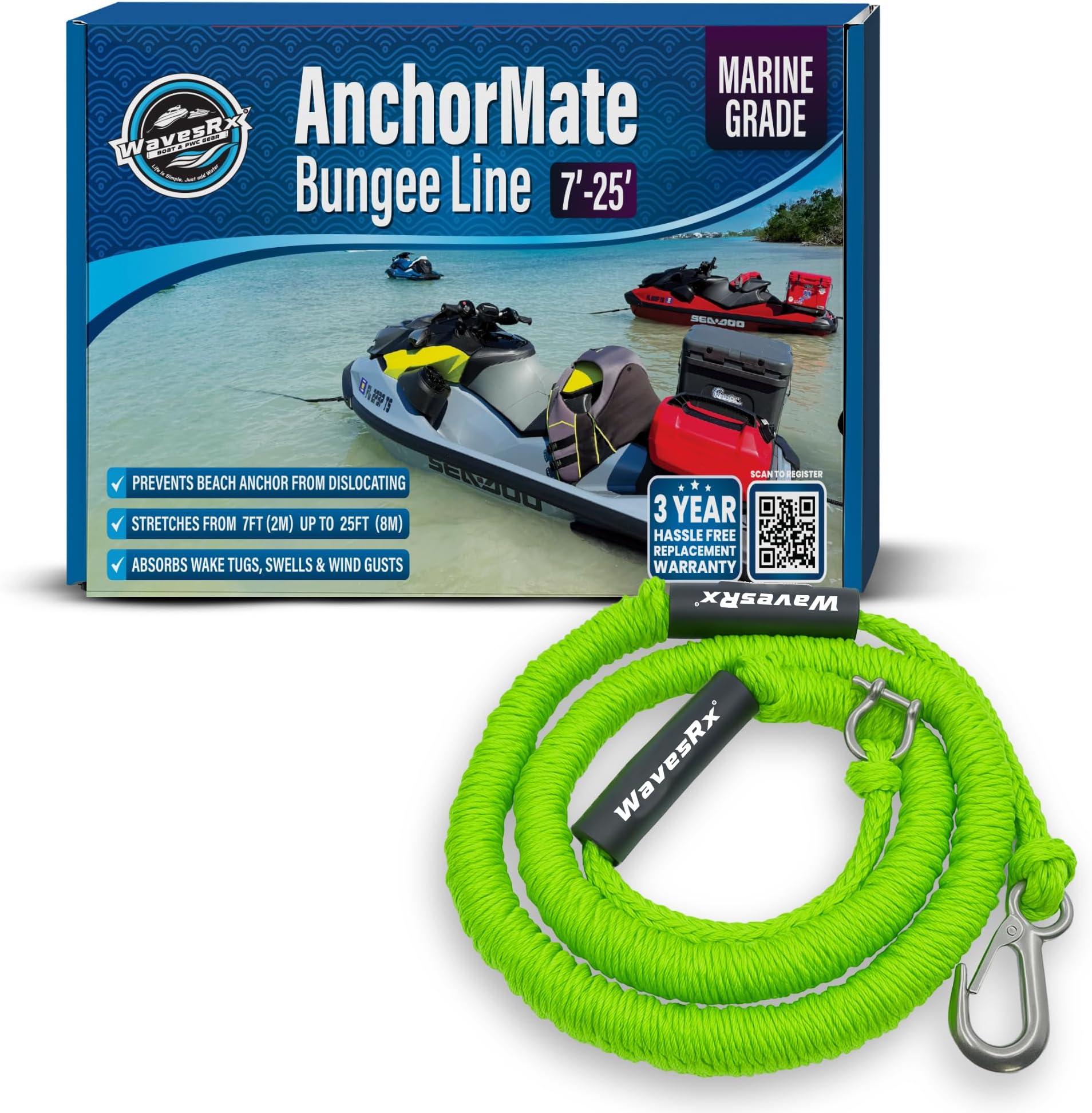 AnchorMate Bungee Line 7-25 ft | Anchoring Bungee Ropes for Boats, PWCs & Kayaks | Absorbs Shocks from Swells & Wind, Prevents Anchor Dislodging | Great for Mooring and Tethering Your Boat or Jet Ski