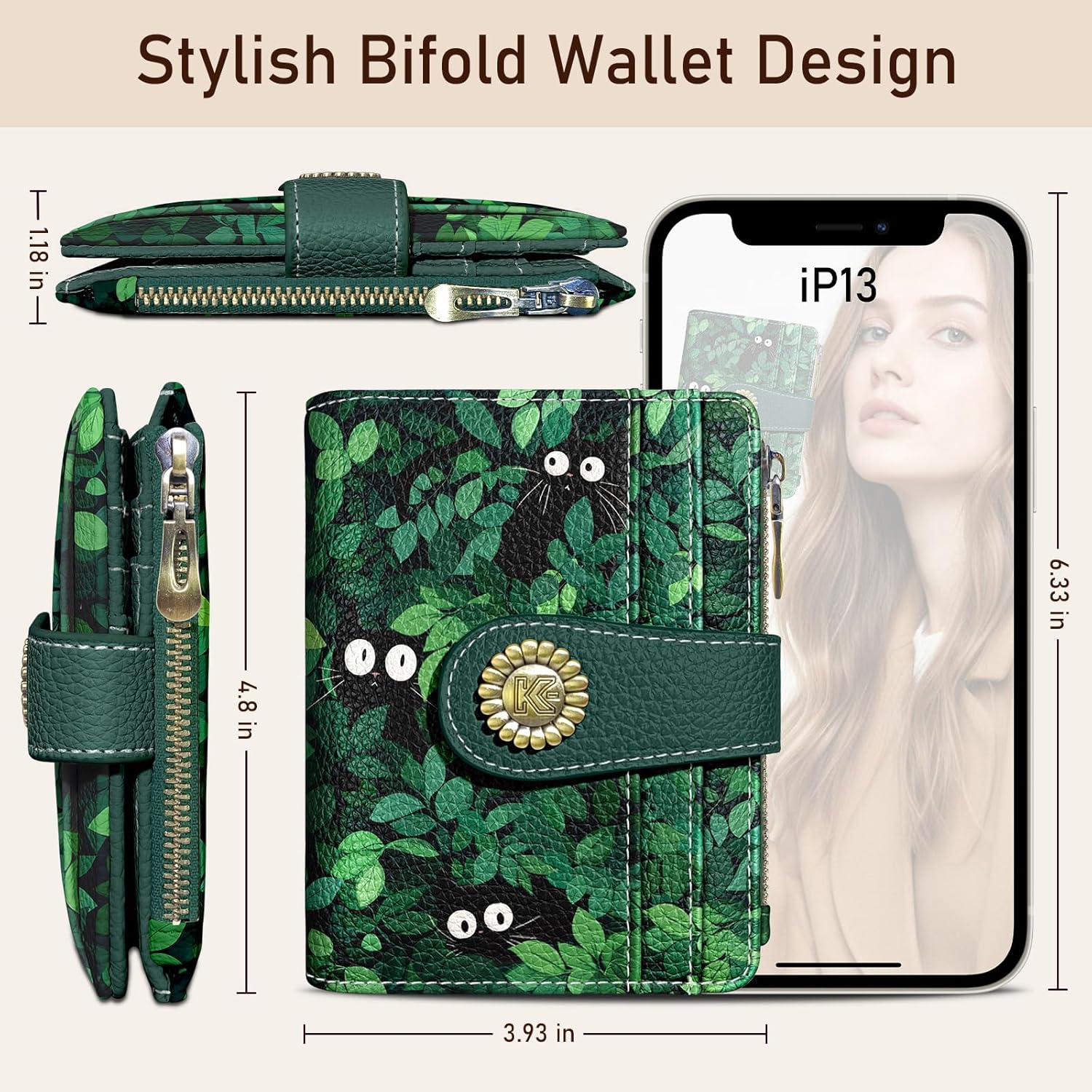 Cute Green Black Cats Grass Small Rfid Women Wallet Bifold Zipper Coin Pocket PU Leather Compact Cash Credit Card Holder Travel Wallet for Female Ladies Teen Girls 1 ID Window 10 Card Slots - Image 5