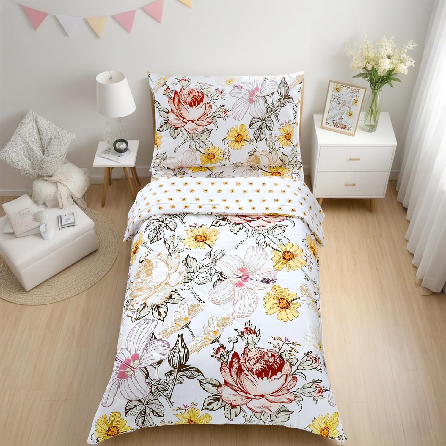 Floral Nursing Pillow Cover, Breastfeeding Pillow Slipcover for Baby Girls,Toddler Bedding Set for Girls, 4 Piece Toddler Comforter Bed Sets, Ultra Soft Breathable Boho Kids Bed Set