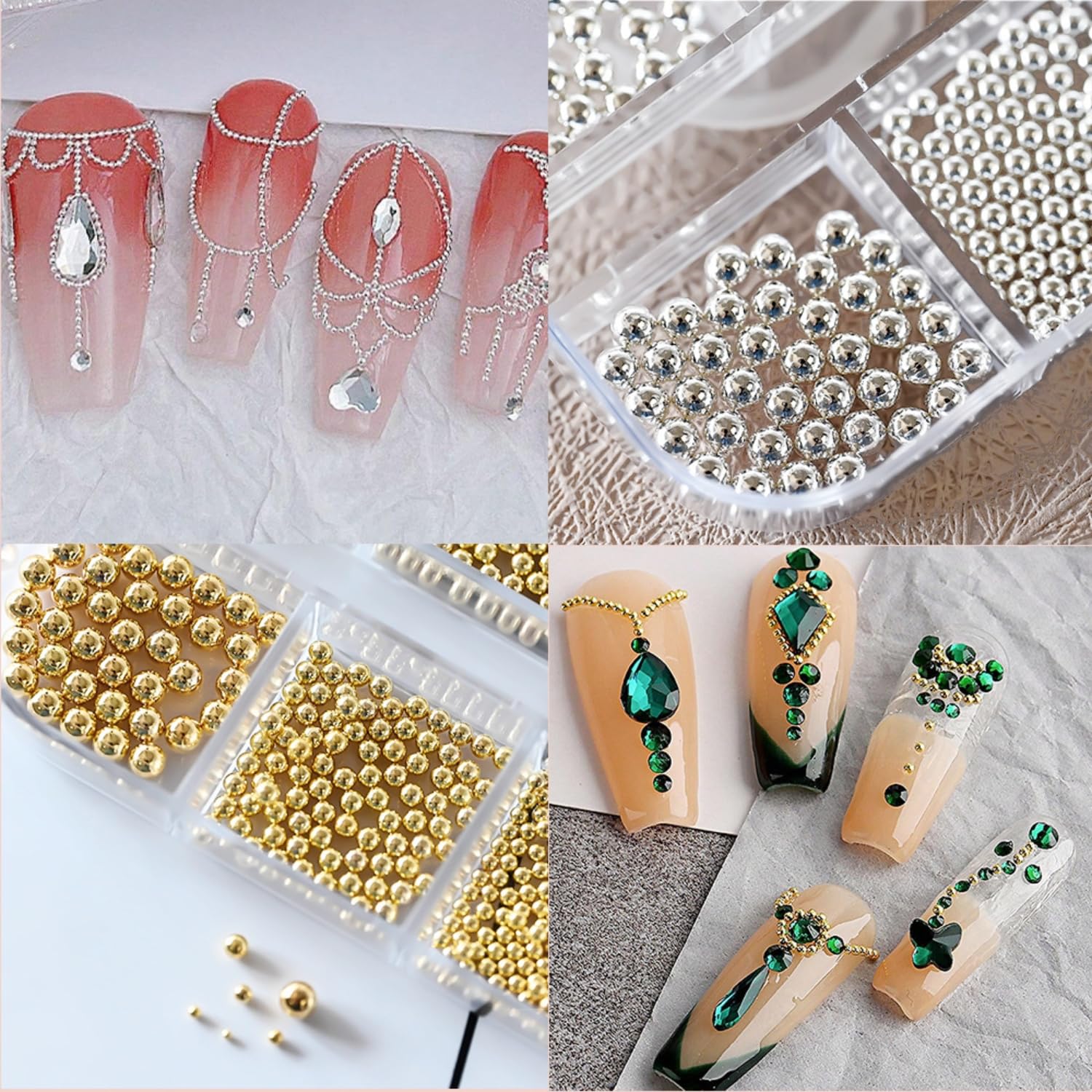 Mini koraliki do paznokci, 1-3 mm, metalowe koraliki kawiorowe, srebrne i złote, koraliki do zdobienia paznokci, mikrokawior do paznokci, cyrkonie do dekoracji manicure