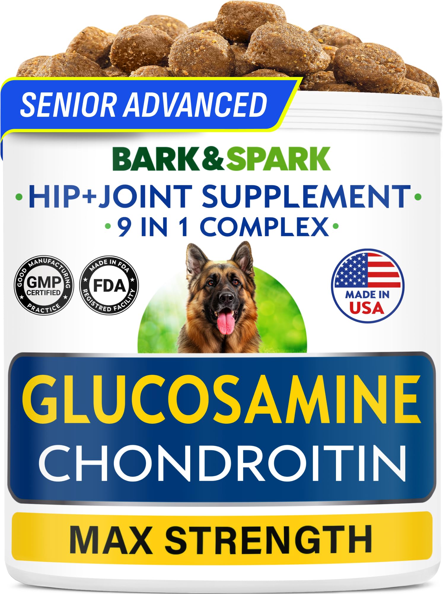 Bark&Spark Senior Advanced Glucosamine Chondroitin for Dogs - Hip Joint Pain Relief Pills - Old Dog Joint Supplement Large & Small Breed - Hip Joint Chews Joint Health Care Vitamin Treats - 120Ct