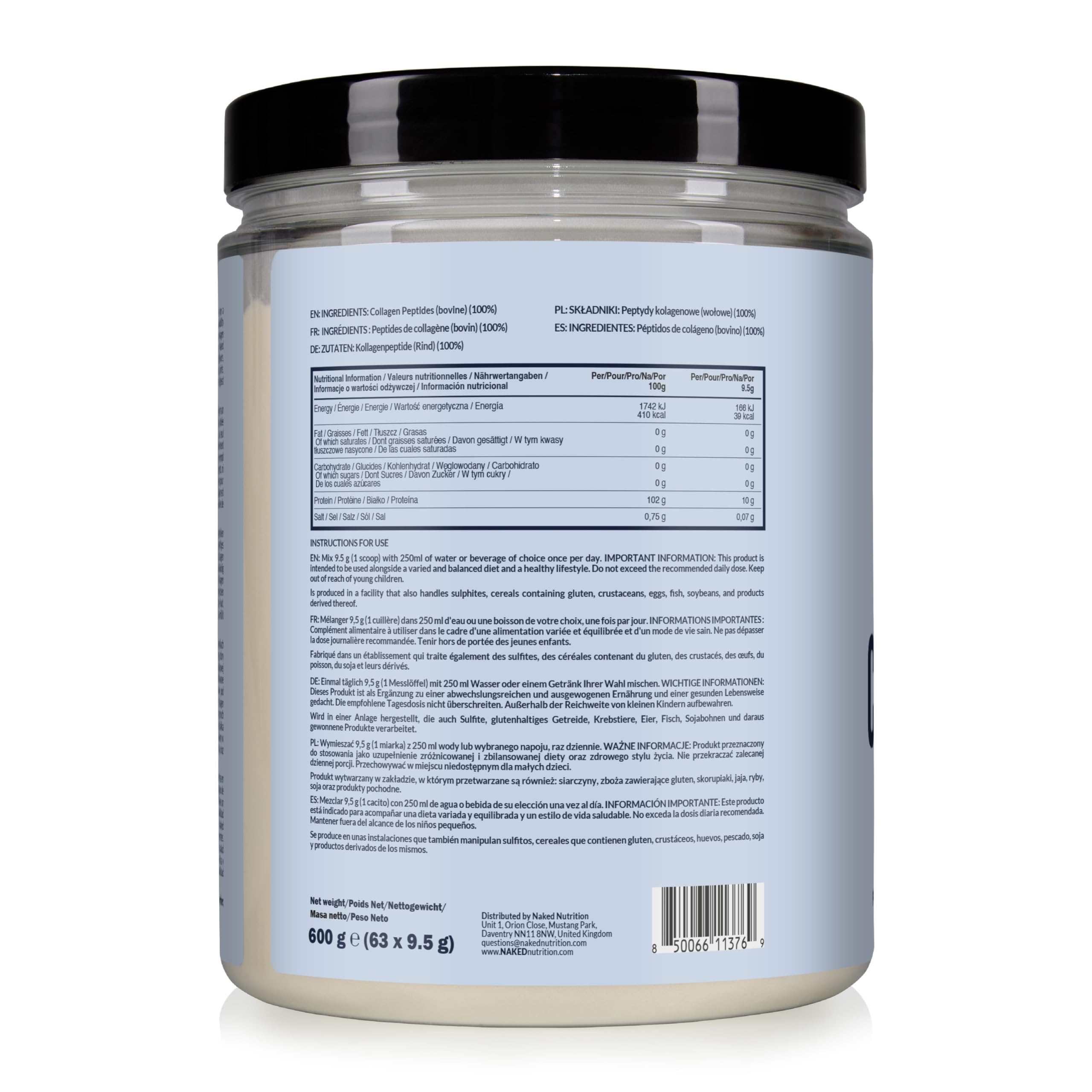 NAKED Collagen - Peptydy kolagenowe w proszku, 63 porcje, hodowane na pastwisku, bezsmakowy suplement z hydrolizowanego kolagenu pochodzącego od zwierząt karmionych trawą, zgodny z dietą paleo, 600 g