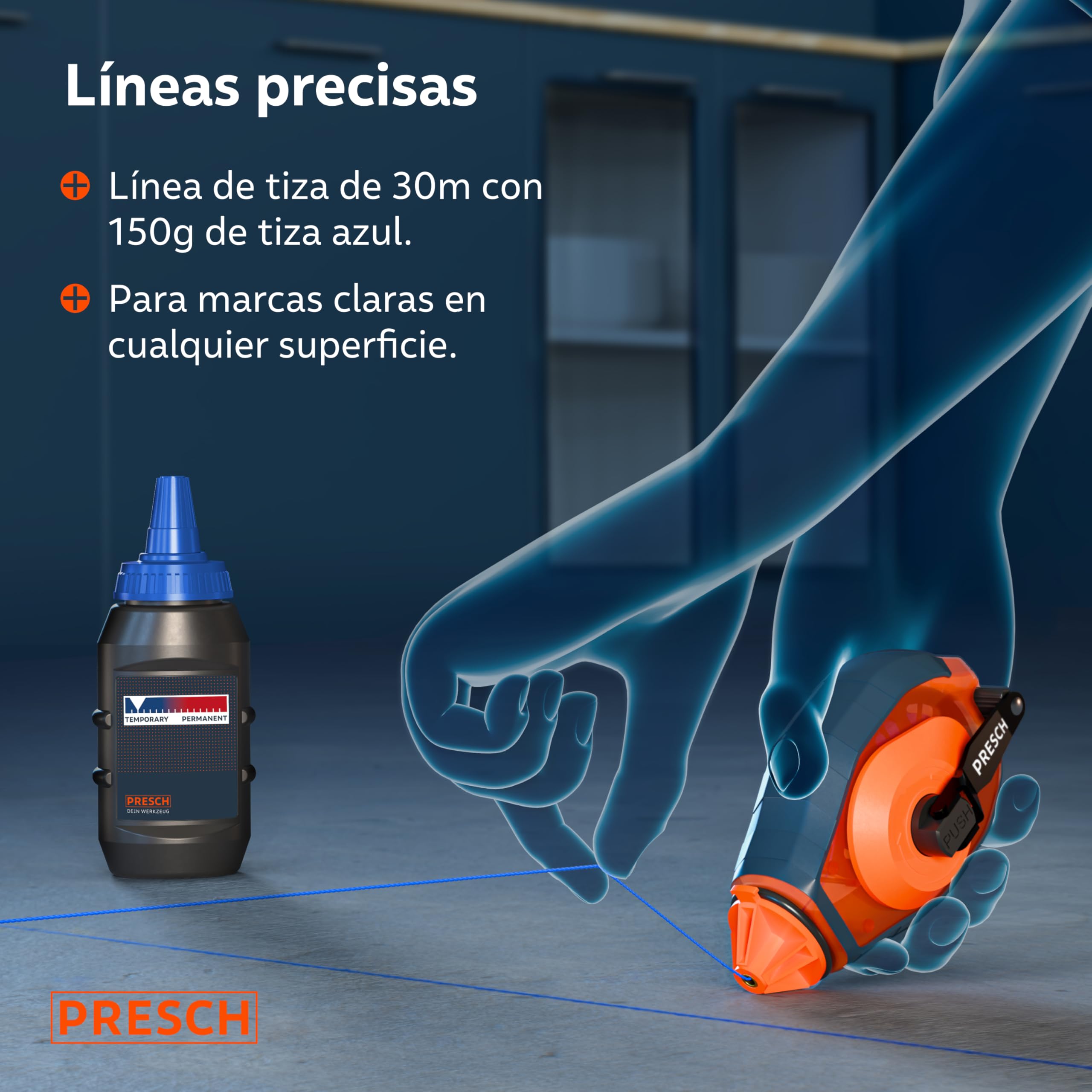 PRESCH Tiralineas de 30m incl. tiza azul (150g) - Rápida retracción gracias al engranaje 6:1 - Fácil de limpiar para marcas temporales - Cordón robusto para líneas precisas