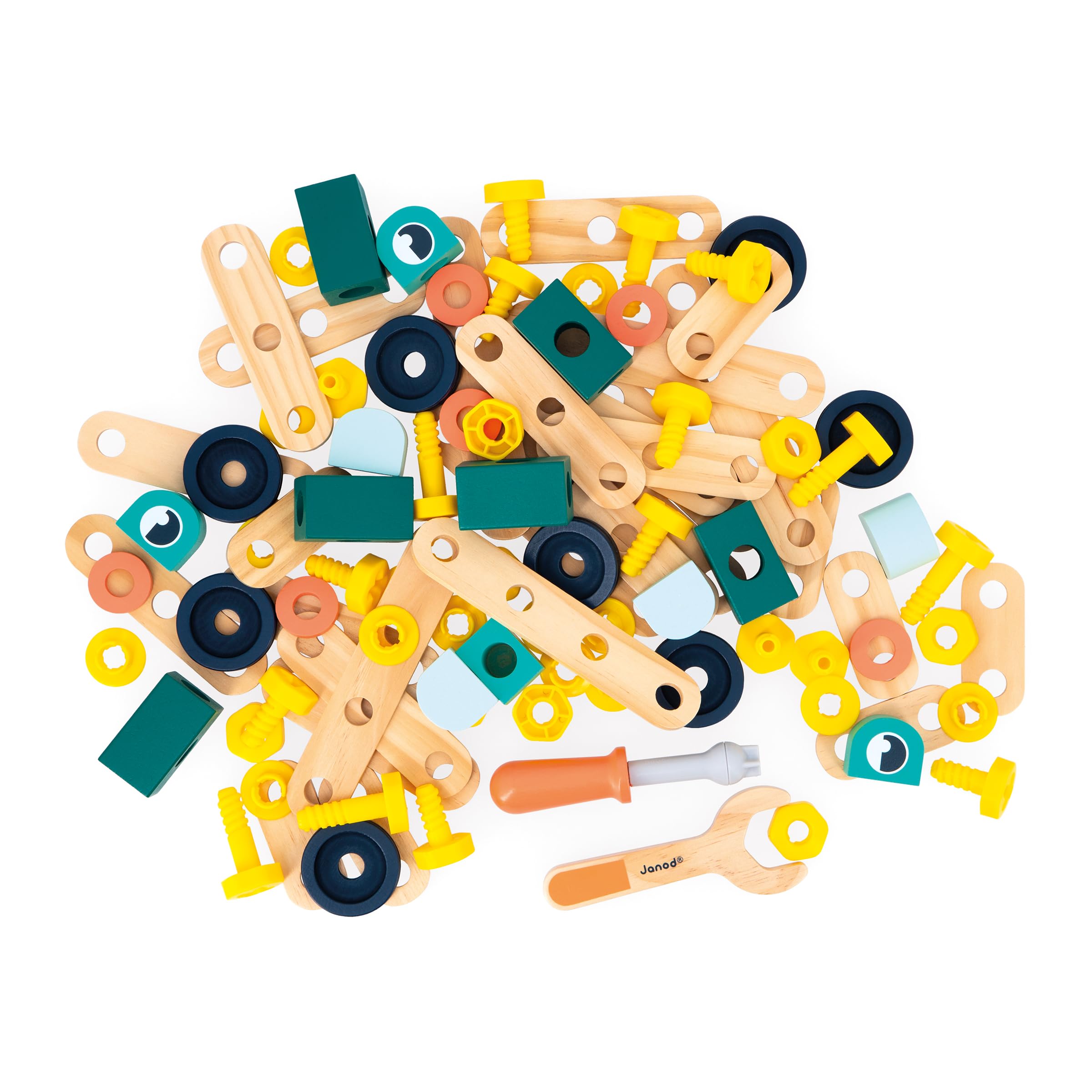 Janod - Mon Premier Jeu de Construction - Baril 100 Pièces - 98 Accessoires + 2 Outils - Imitation - Développe Dextérité & Créativité - 3 Ans + - J06454