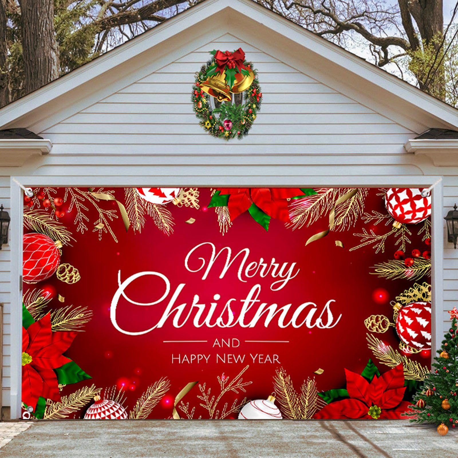 Letreros de Navidad para decoración de puerta de garaje, pancarta de Navidad para puerta de garaje, cubierta mural de 7 x 16 pies, letrero grande de feliz para vacaciones