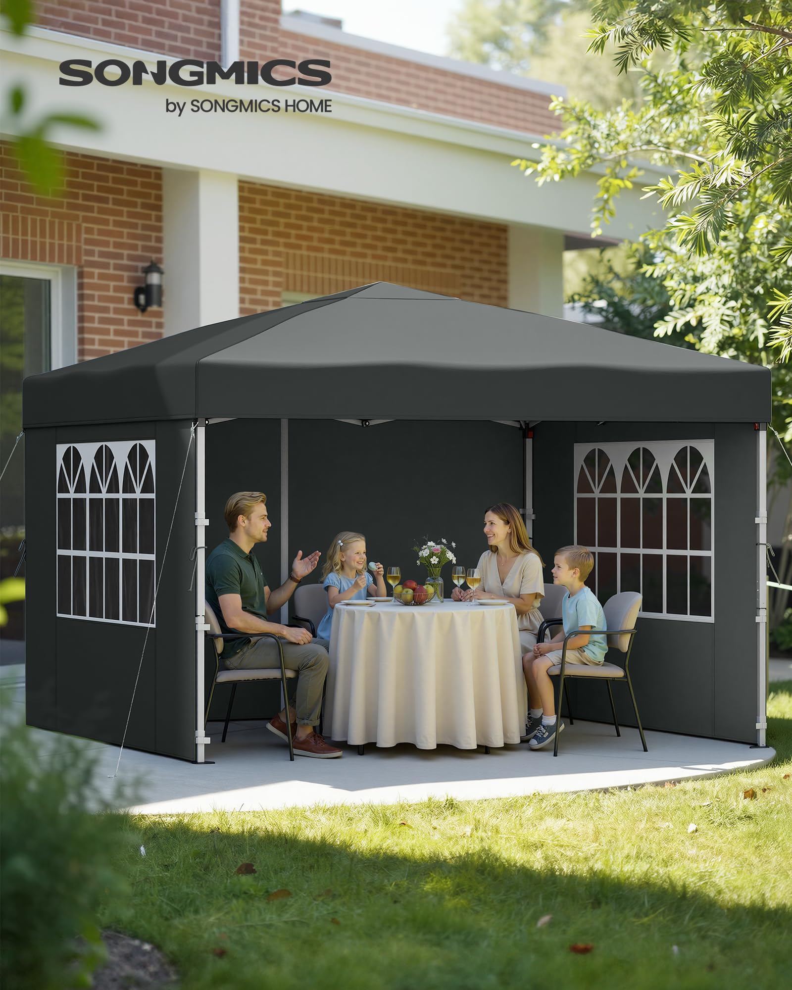 SONGMICS Tonnelle, Chapiteau Pliable, Protection Solaire, Résistante aux Petites Pluies, Portable, avec Parois Latérales, pour Cour, Jardin, Marché, 3 x 3 m, Gris Foncé GCT104GZ01