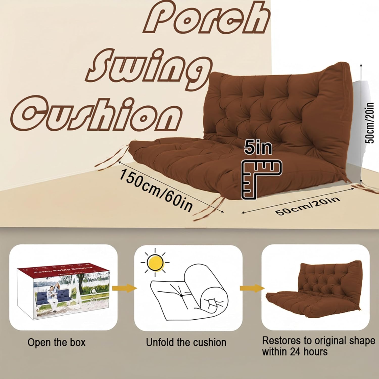 Porch Swing Cushions 3 Seater Replacement with Backrest, 60 inch Waterproof Outdoor Swing Cushion for 2-3 Seat, Thickened Universal Bench with Non-Slip Ties for Patio, Garden (coffee, 60x40inche)