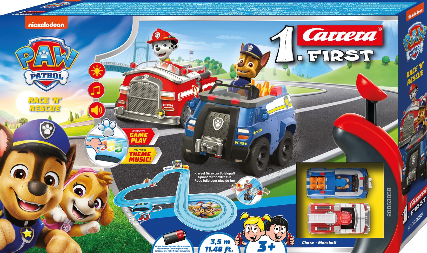 Carrera First PAW Patrol, Race 'N' Rescue – 3,5 Meter Lange Bahn mit Licht-, Sound- & Musikeffekten, interaktive Funktionen – Für aufregende Rettungsmissionen und Abenteuer im Kinderzimmer