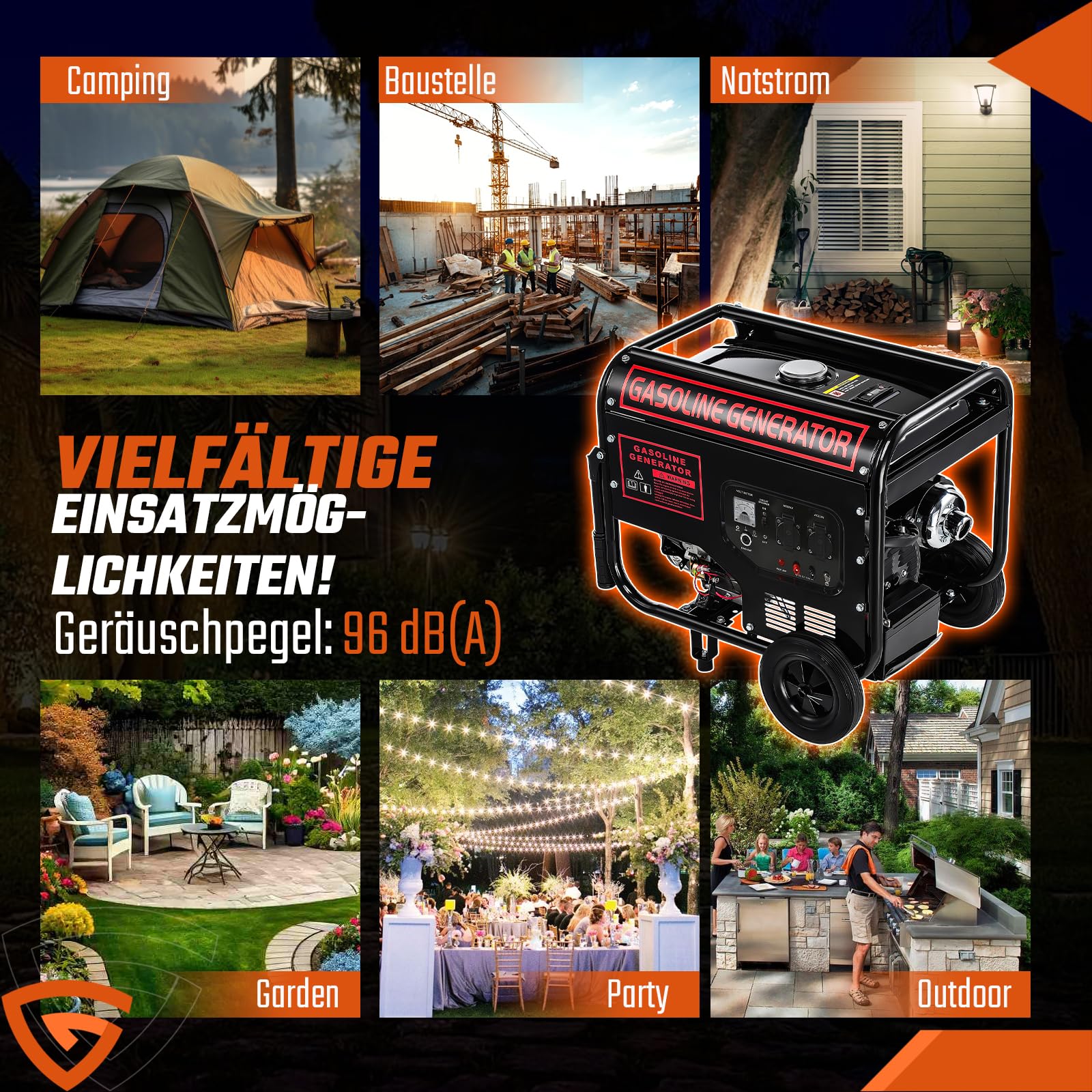 Benzin Stromgenerator mit E-Start | 4-Takt Benzin Motor mit 12PS | 5000W Leistung | 274mm Hubraum | 2x 230V | 12V Anschluss | 15L Tank | AVR-Technologie | inkl. Fahrvorrichtung